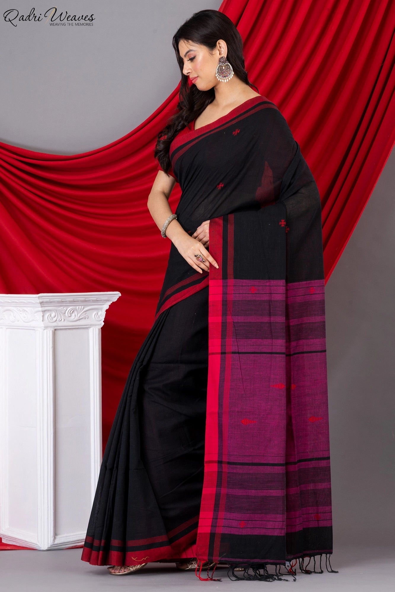 Handloom Black & Purple Fish Motif Premium Khadi Cotton Saree