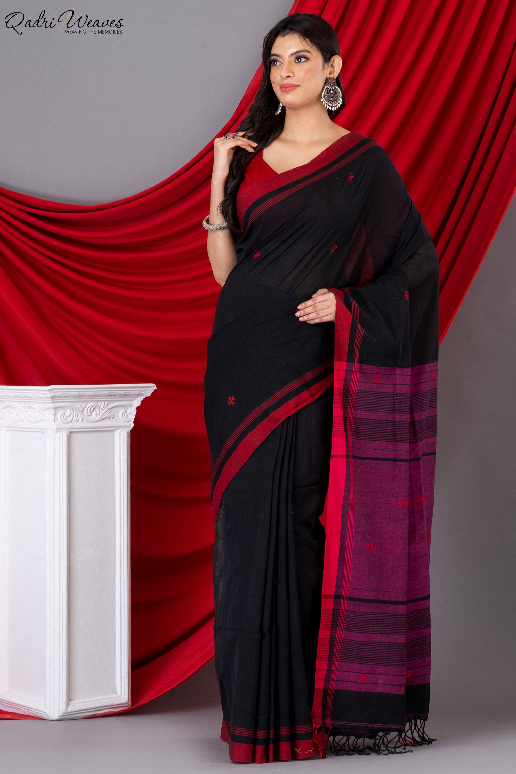 Handloom Black & Purple Fish Motif Premium Khadi Cotton Saree