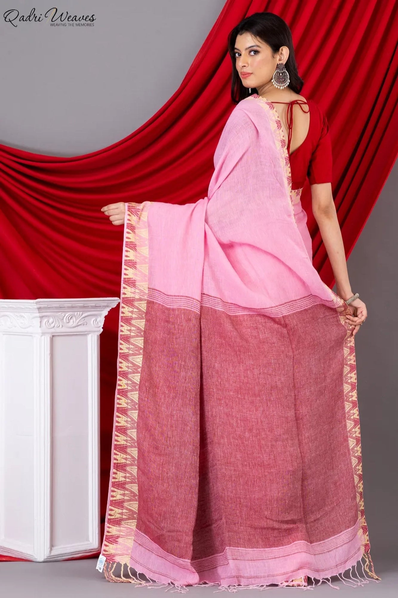 Handloom Rose Pink Pure Linen Saree