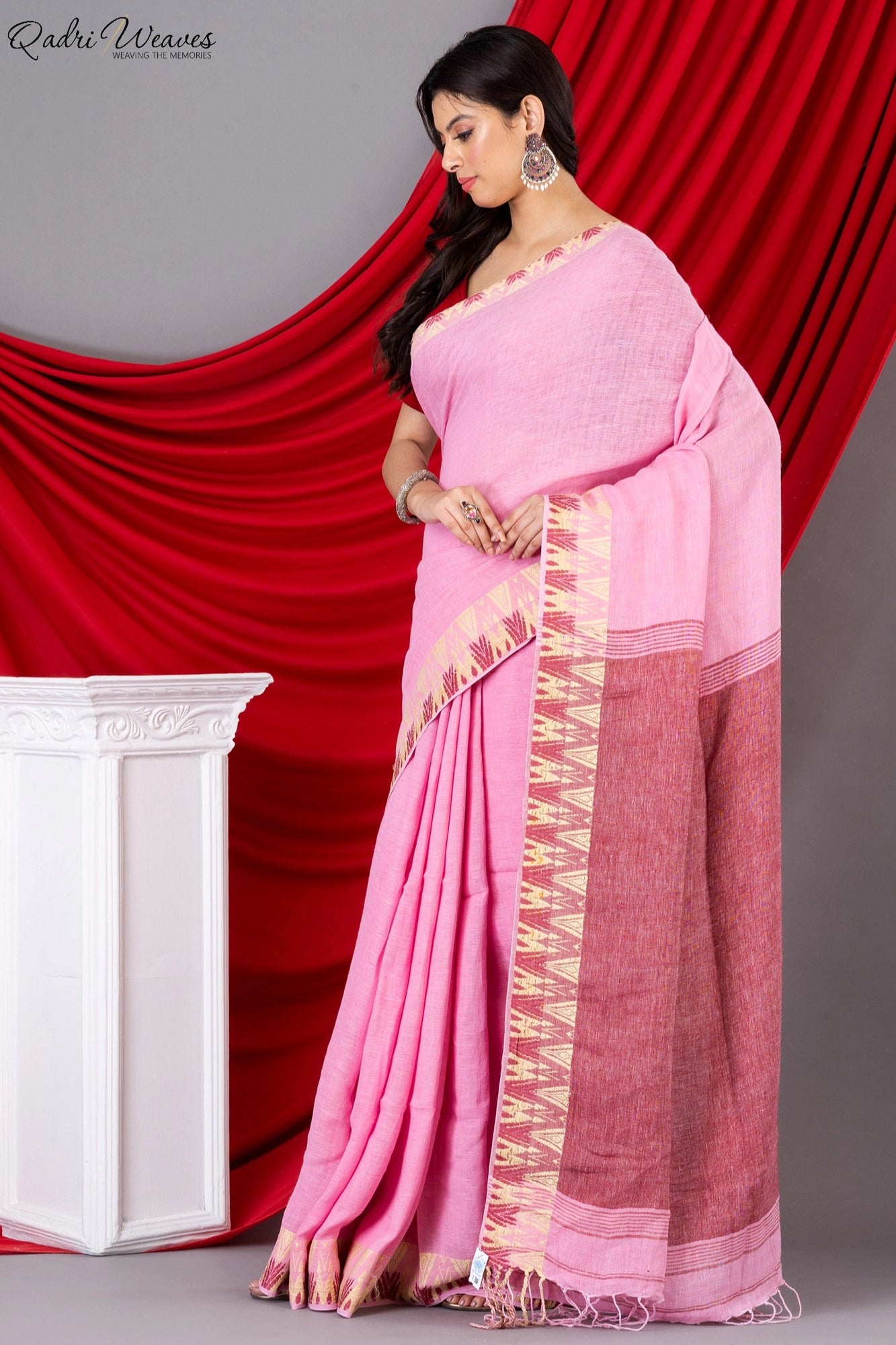 Handloom Rose Pink Pure Linen Saree