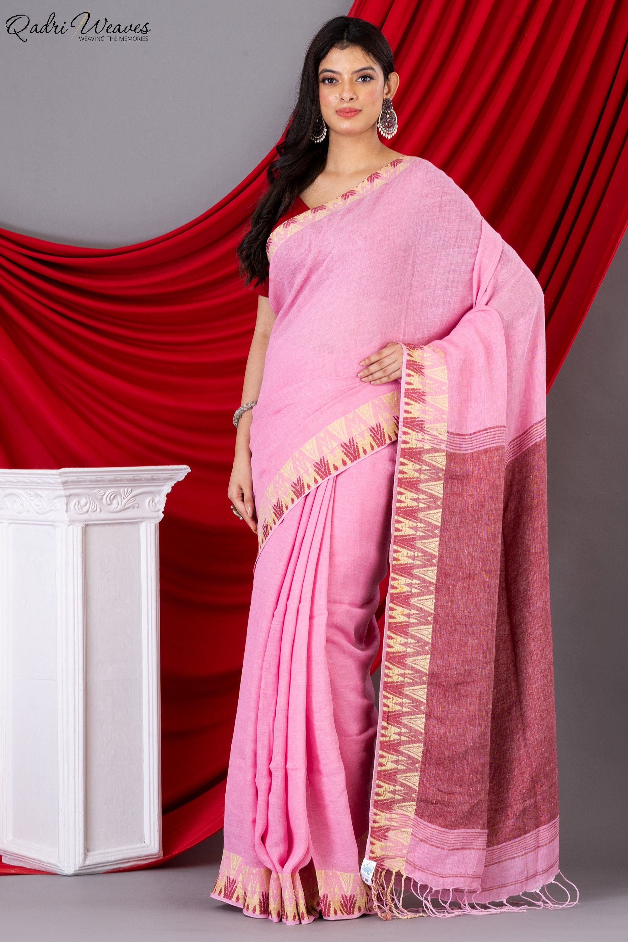 Handloom Rose Pink Pure Linen Saree