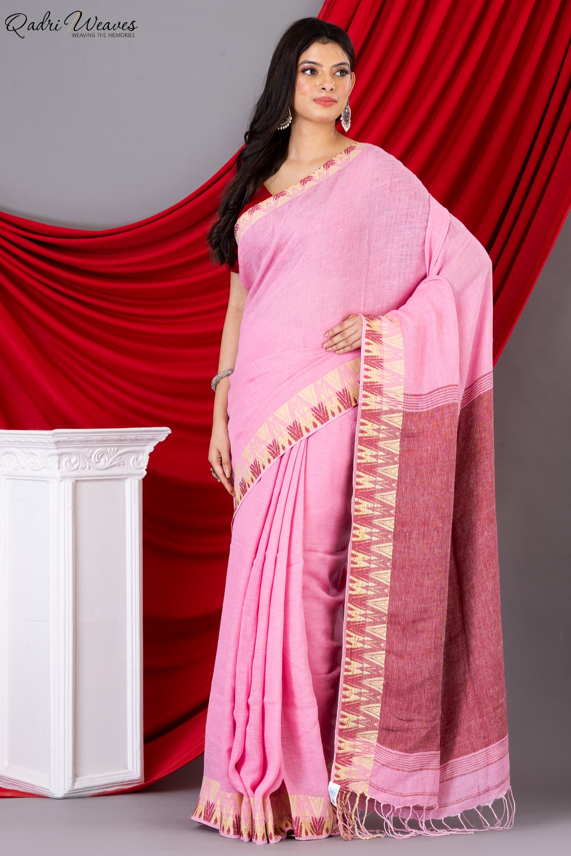 Handloom Rose Pink Pure Linen Saree