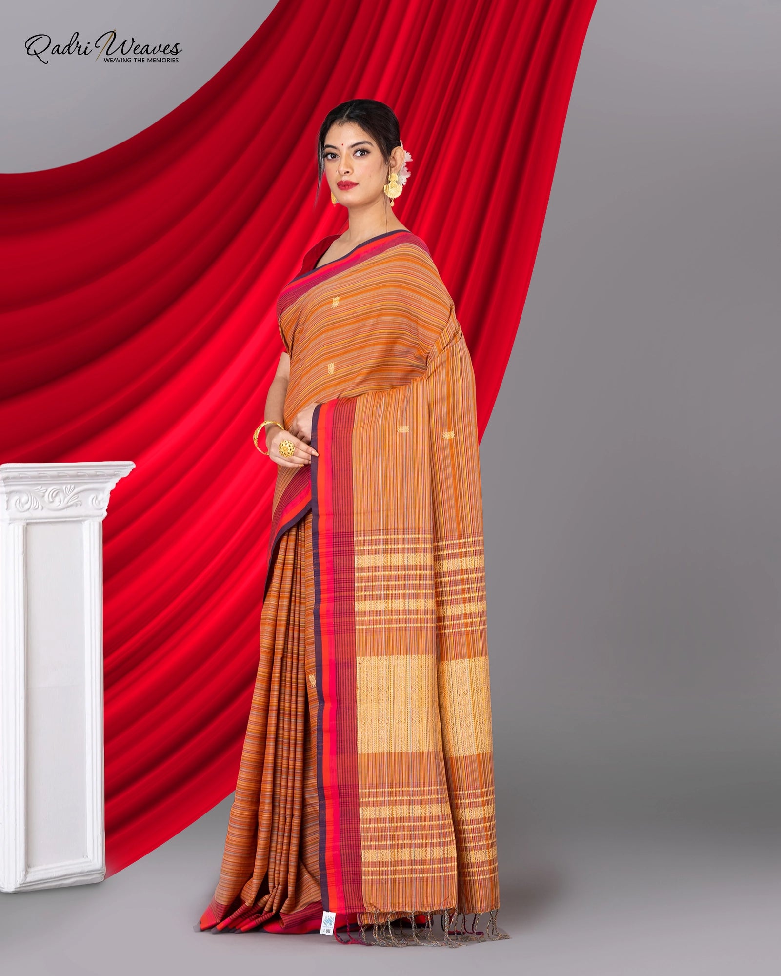 Handloom Princeton Orange Khadi Cotton Tangail Saree