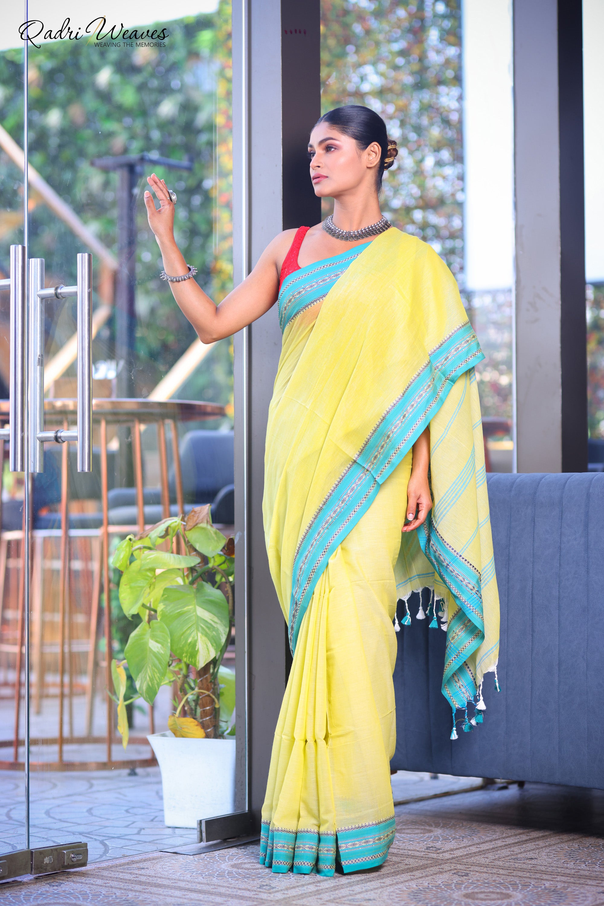 Handloom Yellow Pure Cotton Striped With Border Work Saree