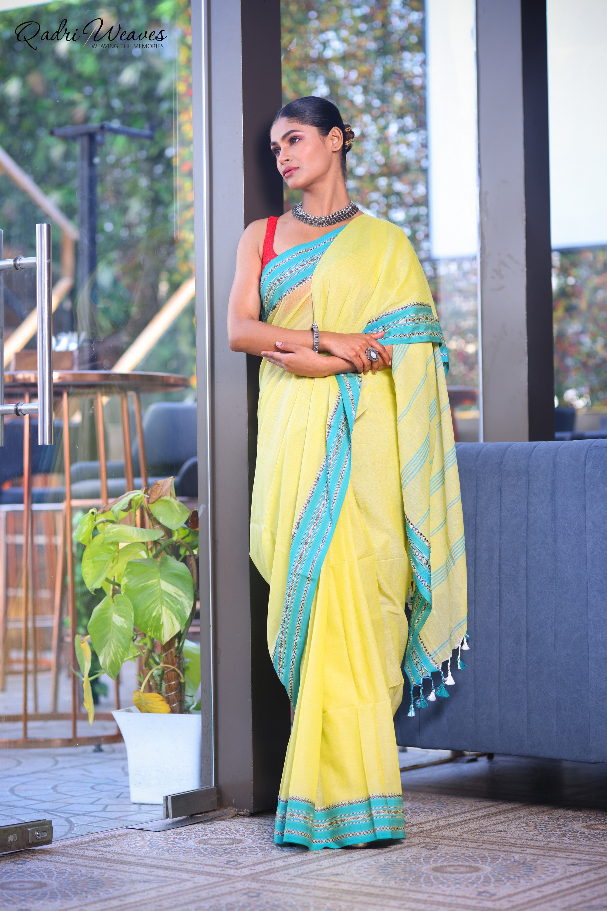 Handloom Yellow Pure Cotton Striped With Border Work Saree