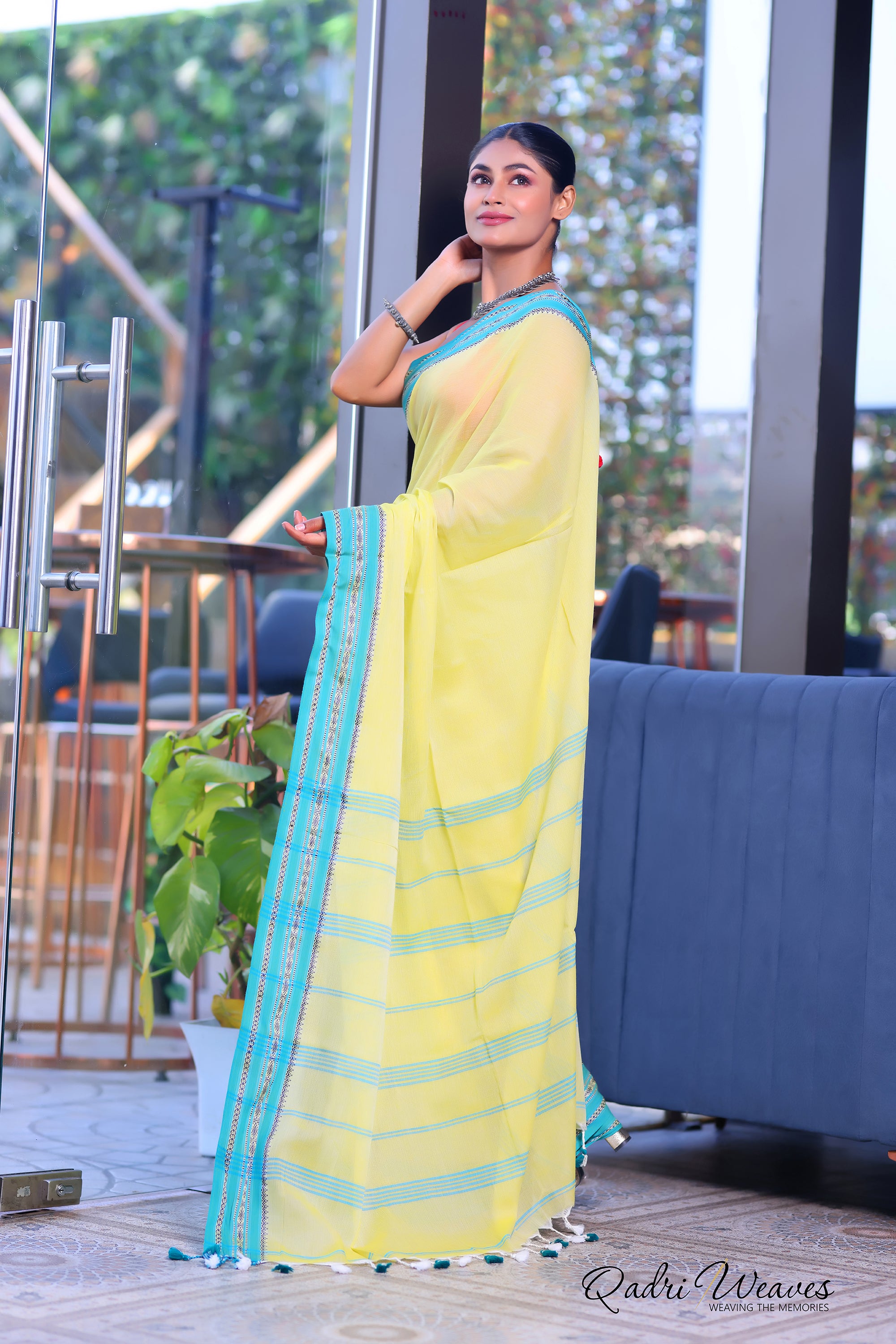 Handloom Yellow Pure Cotton Striped With Border Work Saree