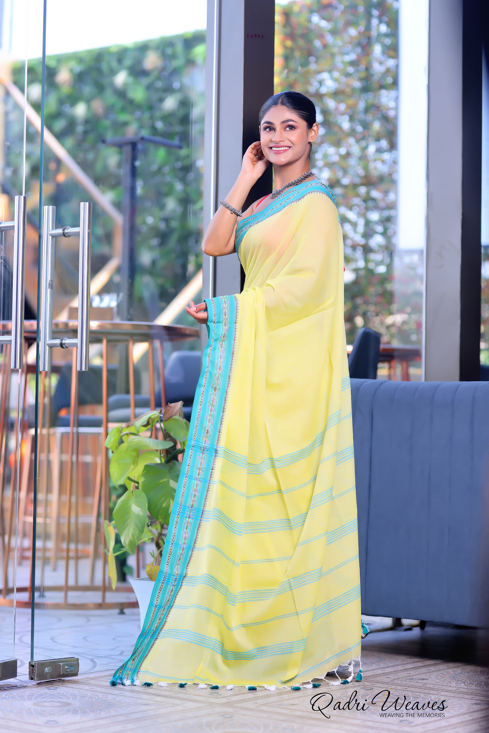 Handloom Yellow Pure Cotton Striped With Border Work Saree