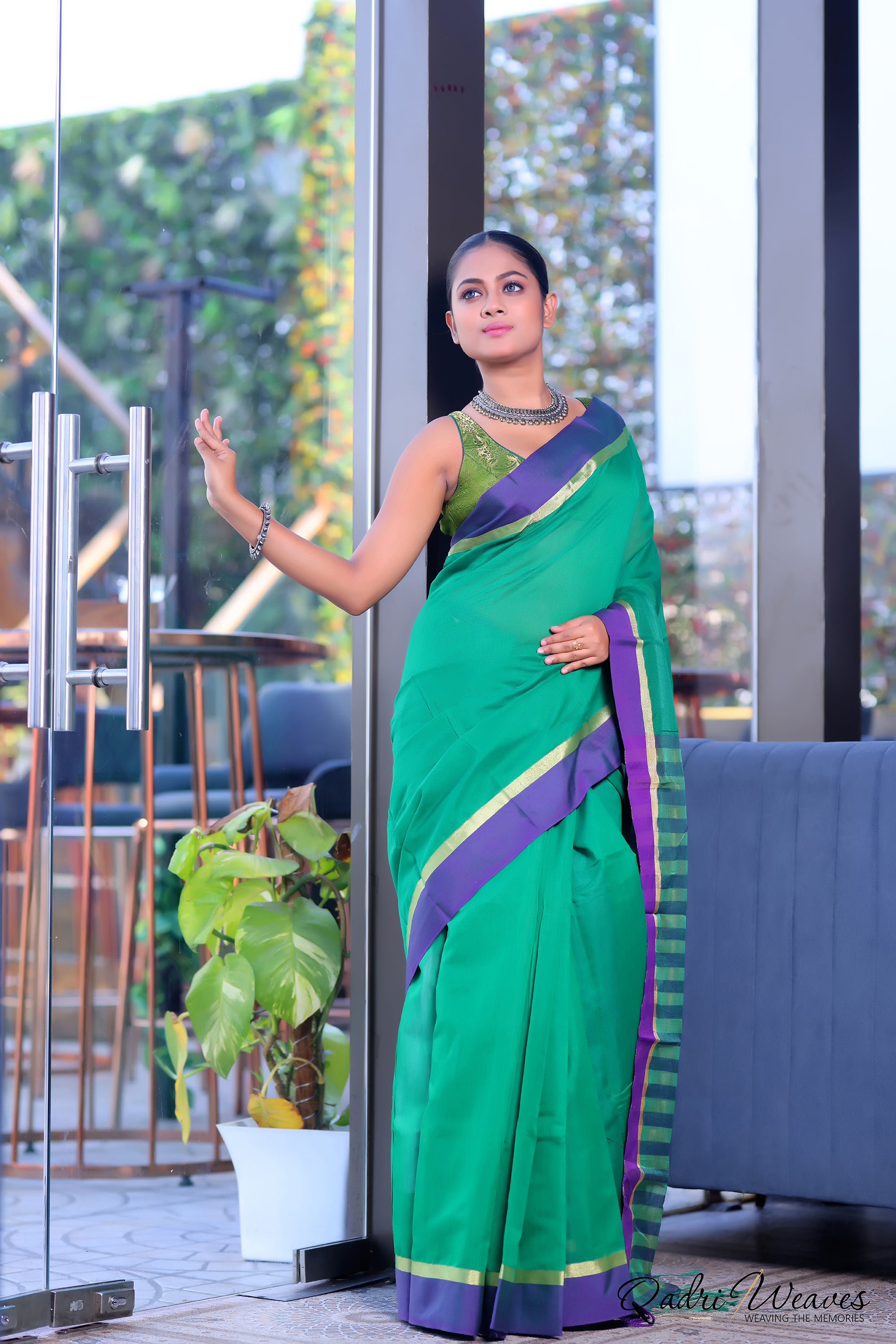 Handloom Green Cotton Silk with Golden Zari Border Saree