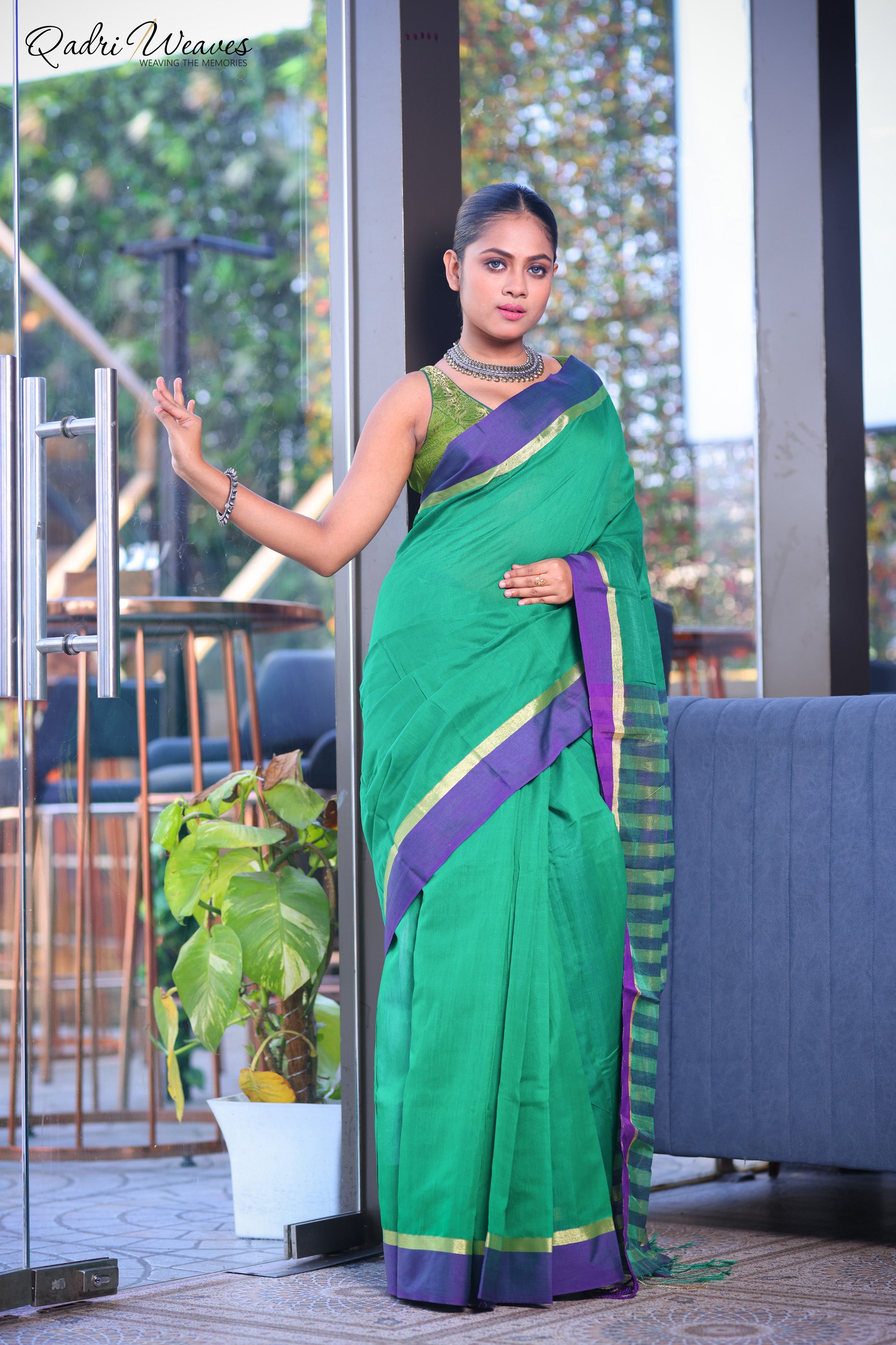 Handloom Green Cotton Silk with Golden Zari Border Saree