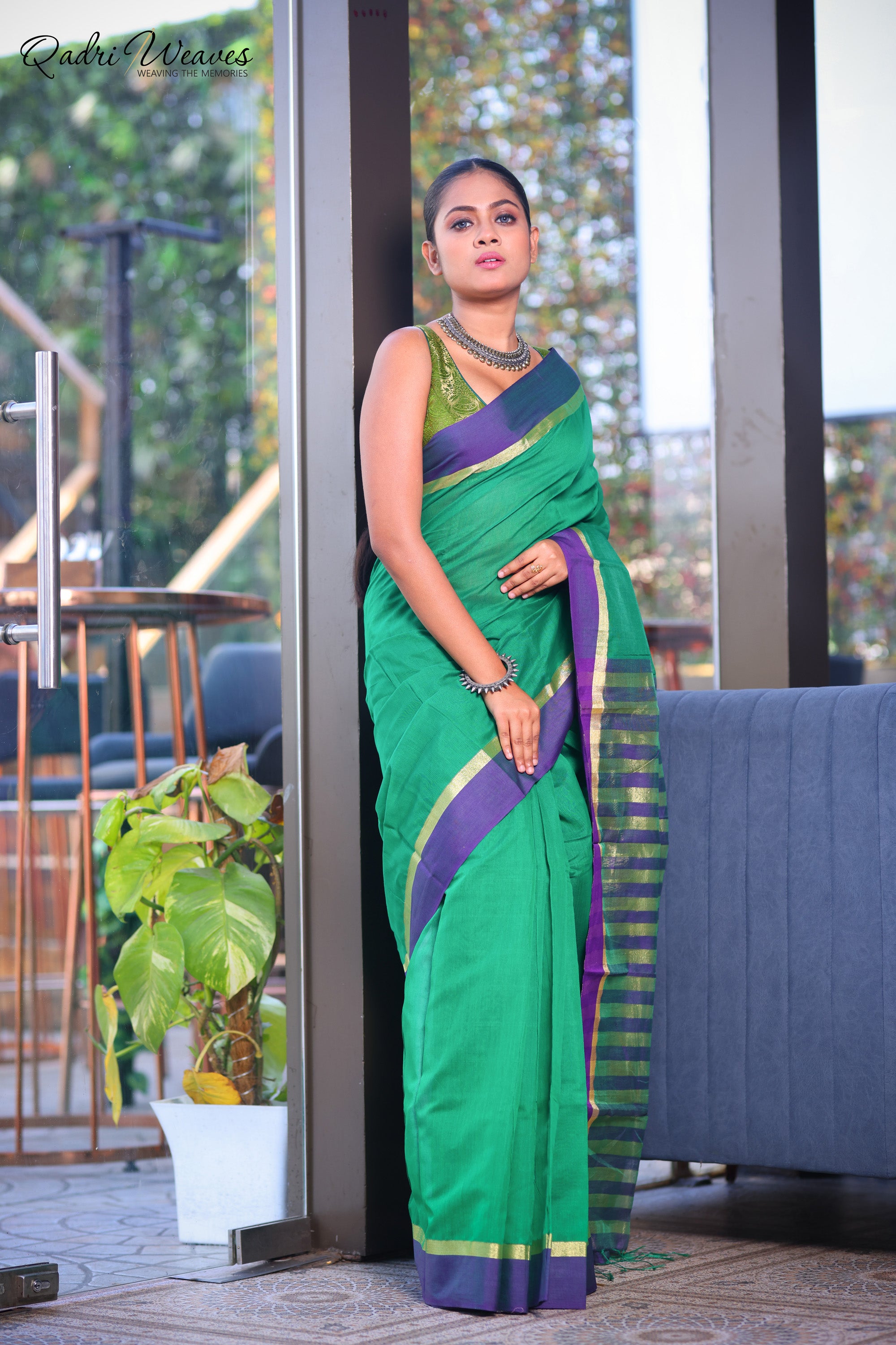 Handloom Green Cotton Silk with Golden Zari Border Saree