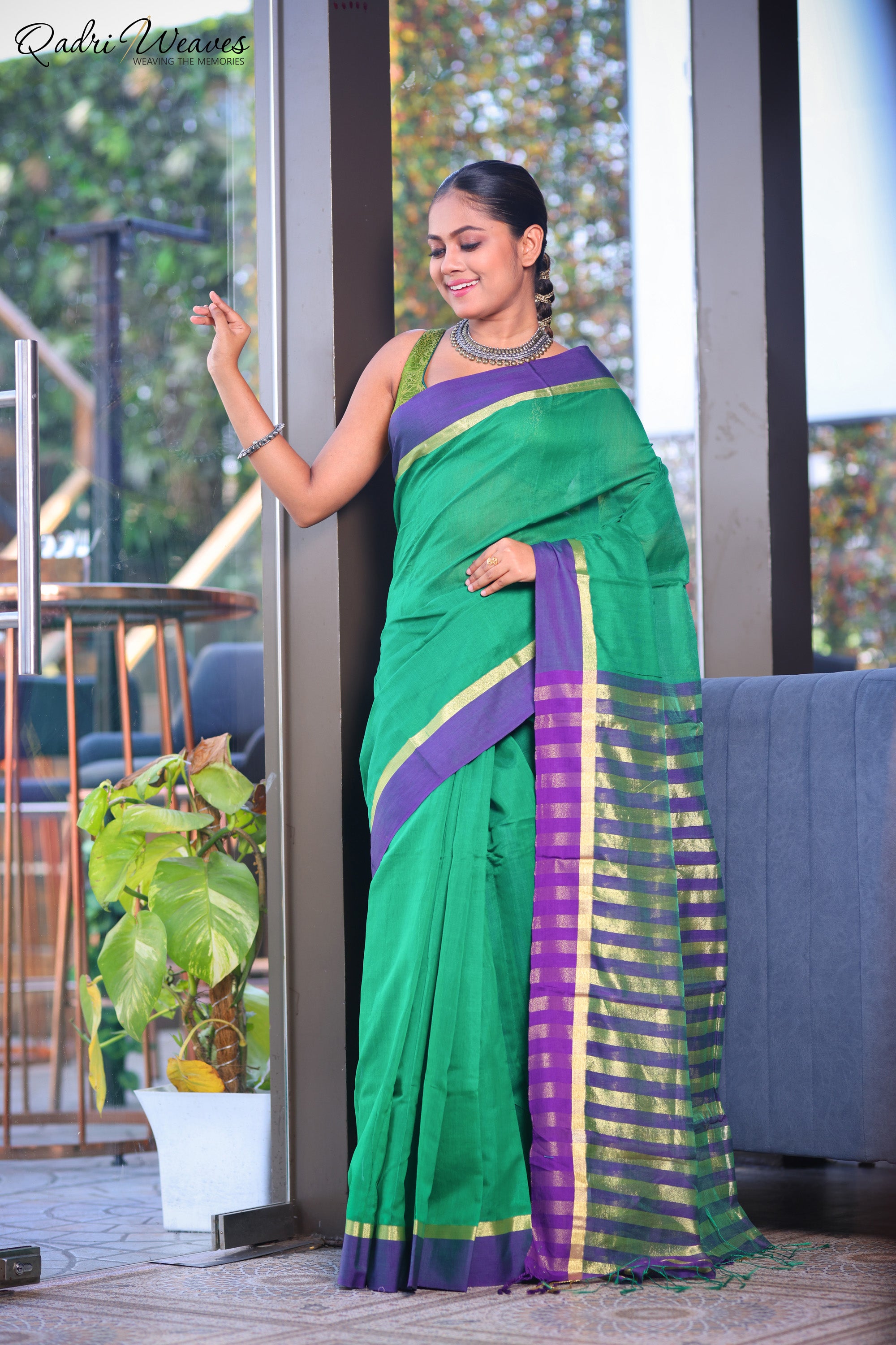 Handloom Green Cotton Silk with Golden Zari Border Saree