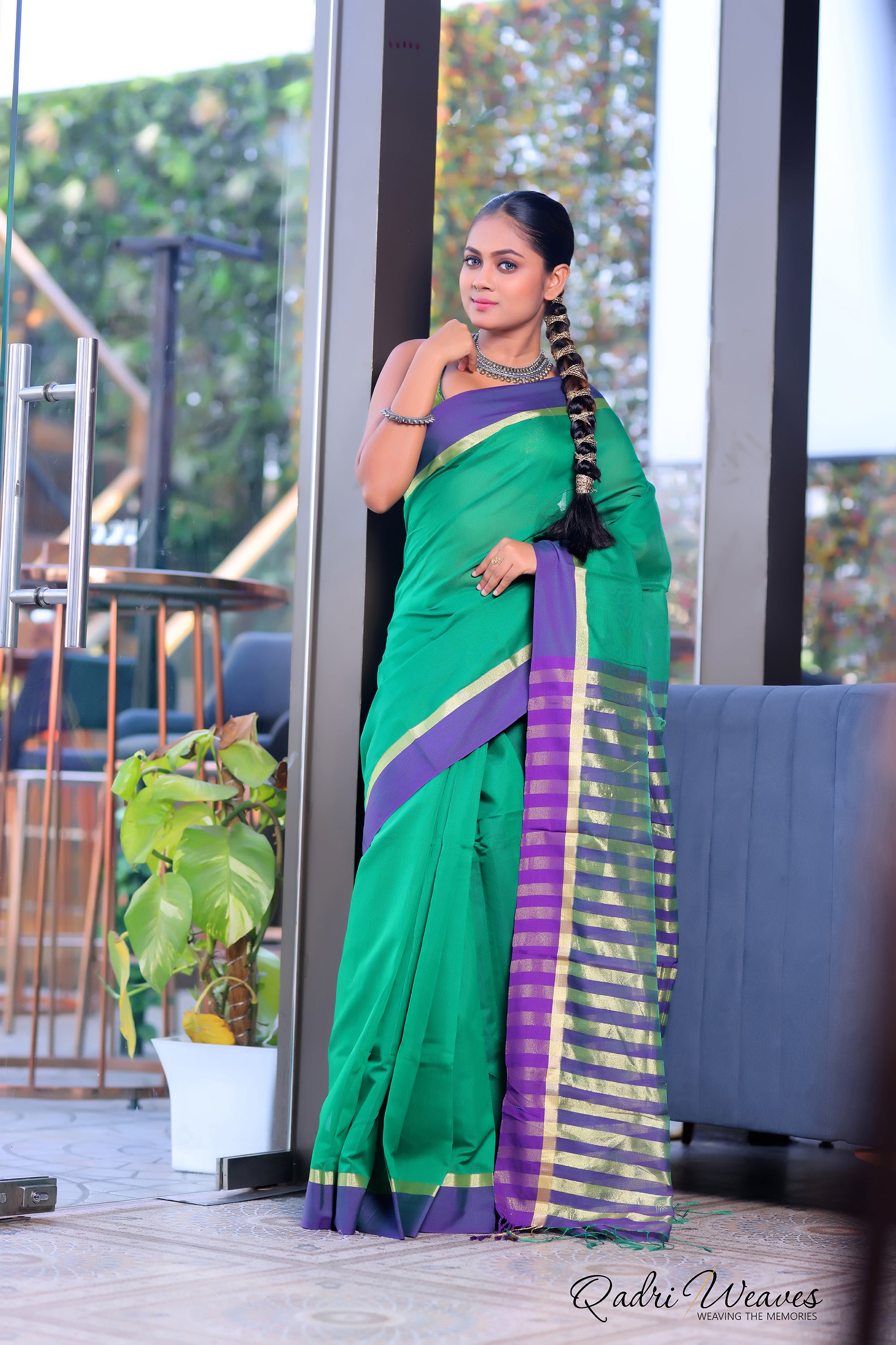 Handloom Green Cotton Silk with Golden Zari Border Saree