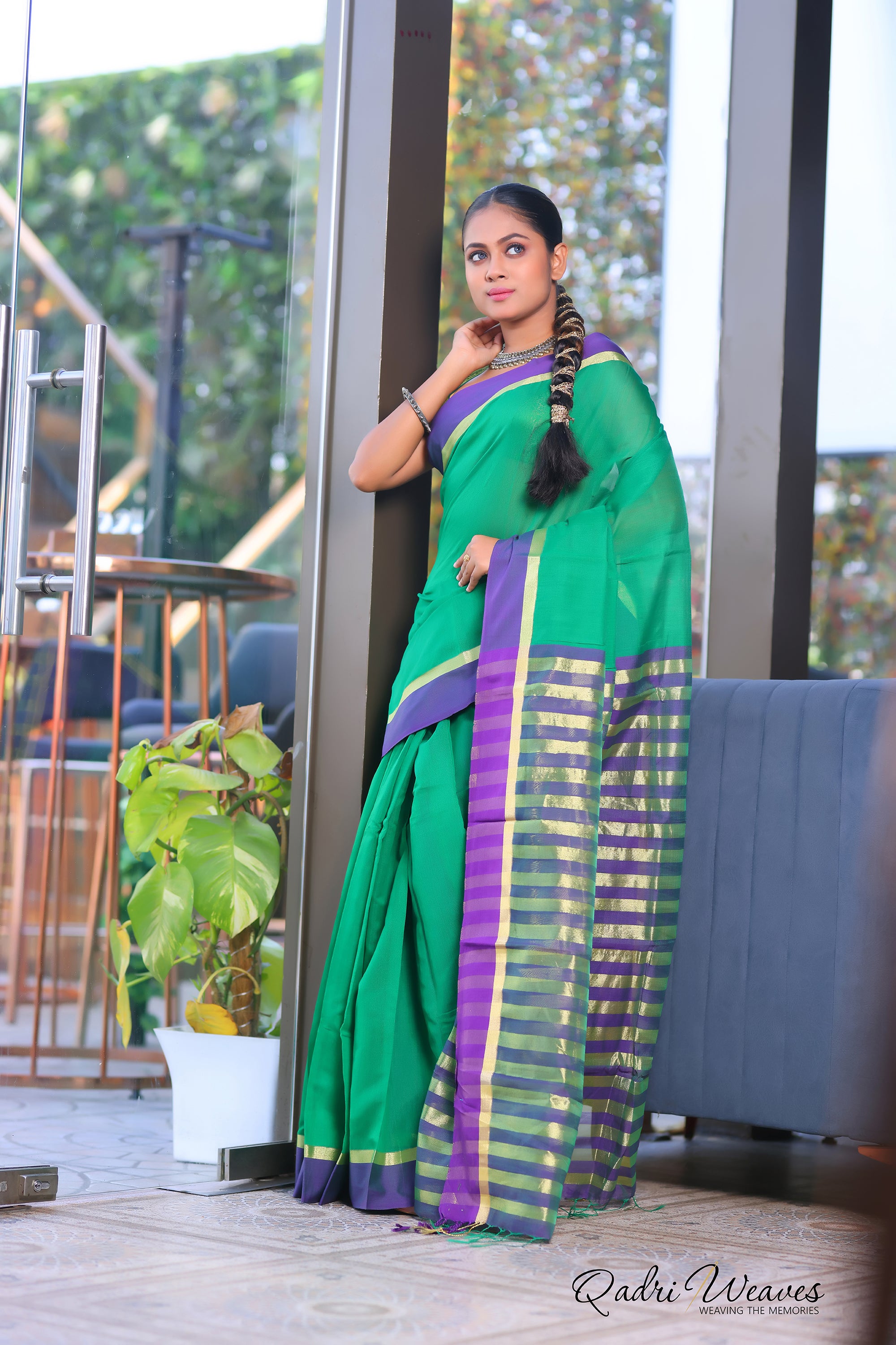 Handloom Green Cotton Silk with Golden Zari Border Saree