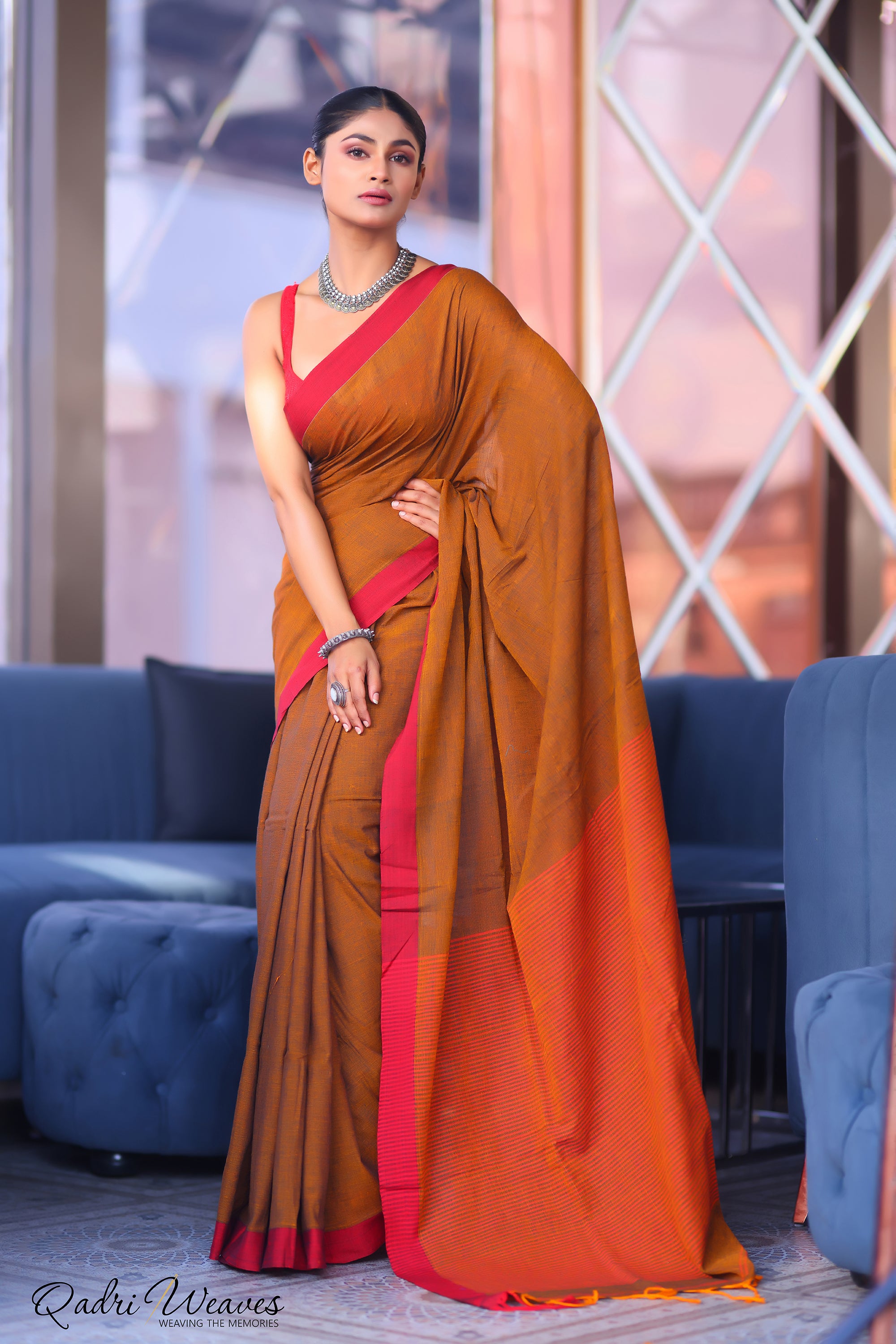 Handloom Plain Mustard Brown With Striped Pallu Design Pure Premium Cotton Saree