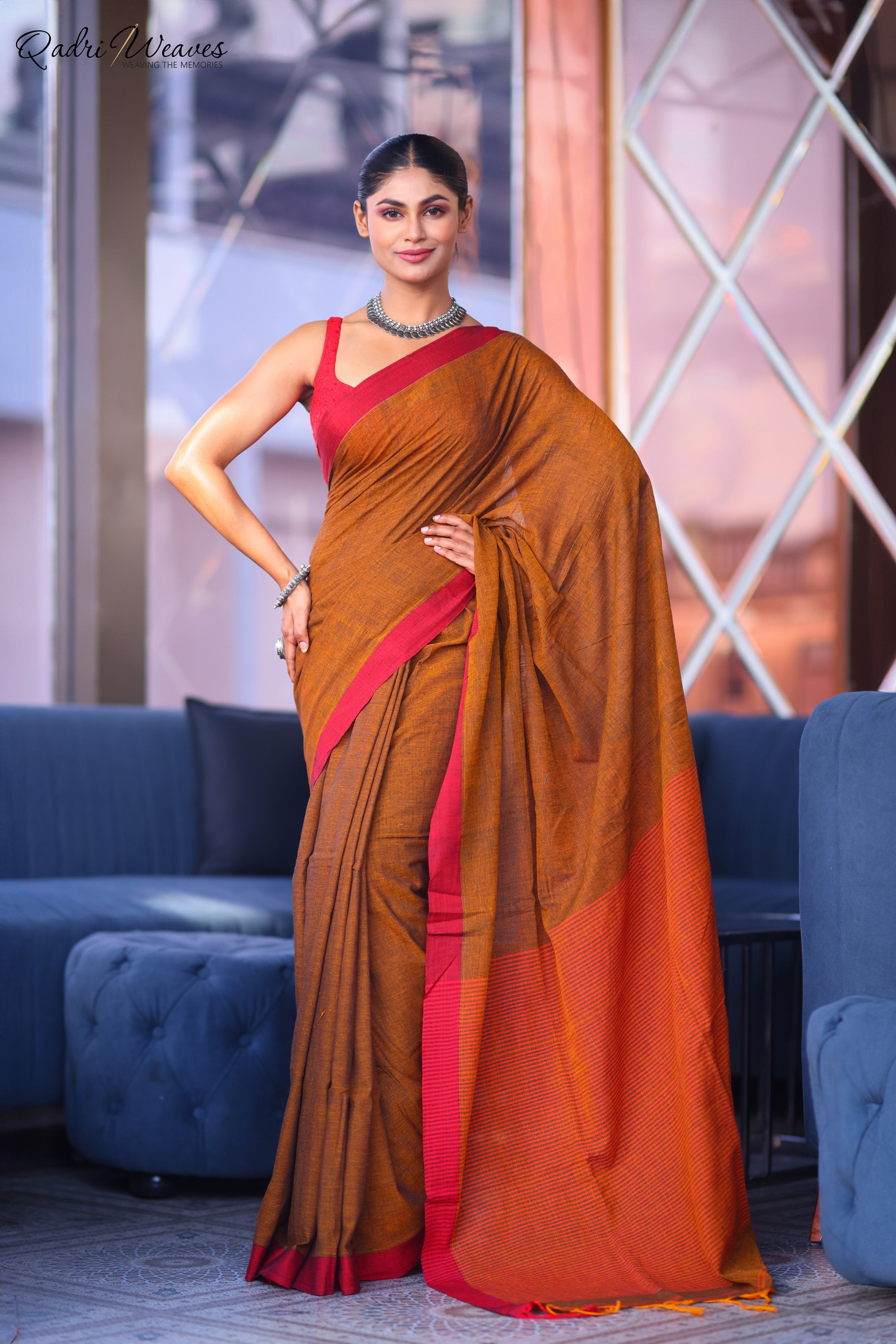 Handloom Plain Mustard Brown With Striped Pallu Design Pure Premium Cotton Saree