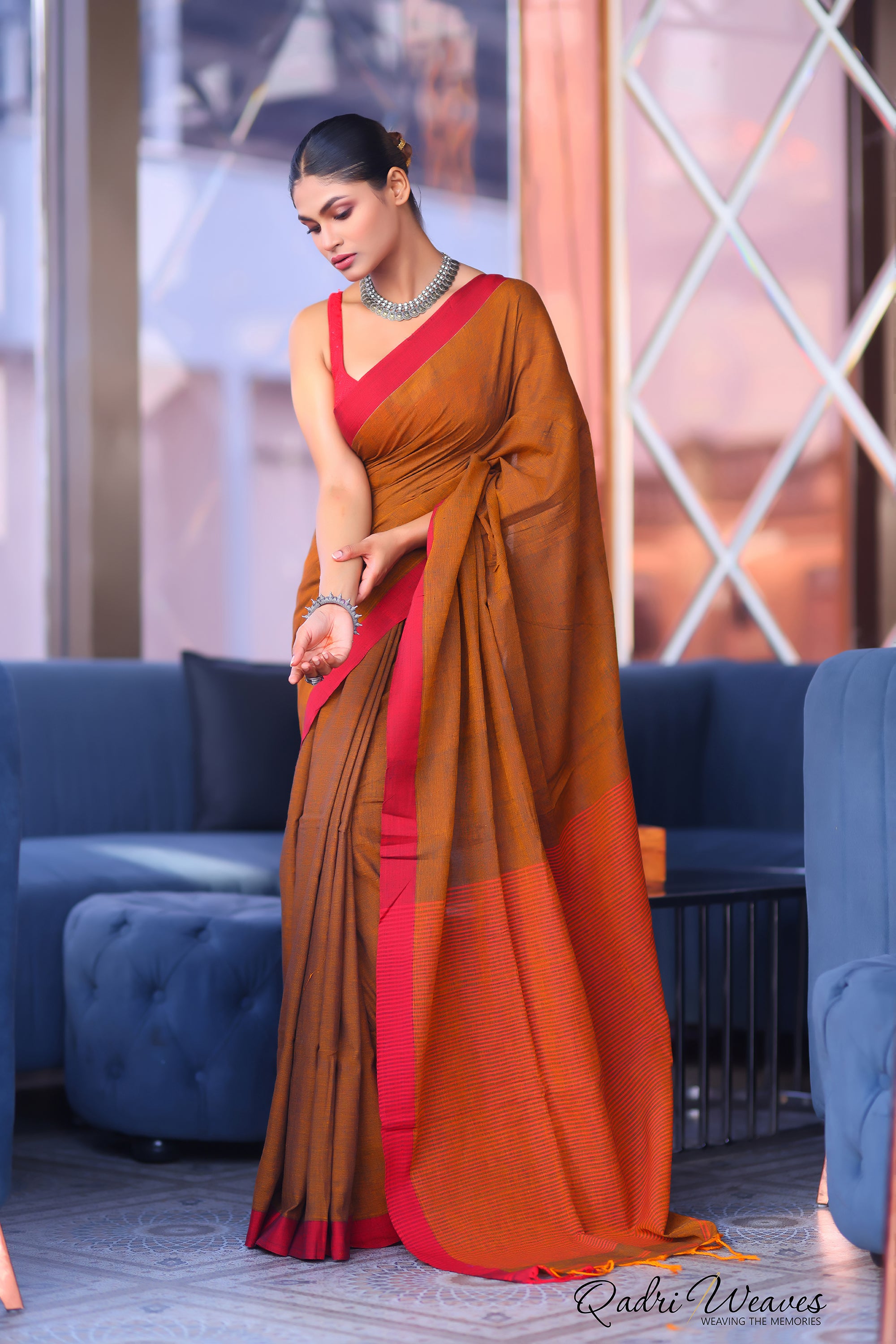 Handloom Plain Mustard Brown With Striped Pallu Design Pure Premium Cotton Saree