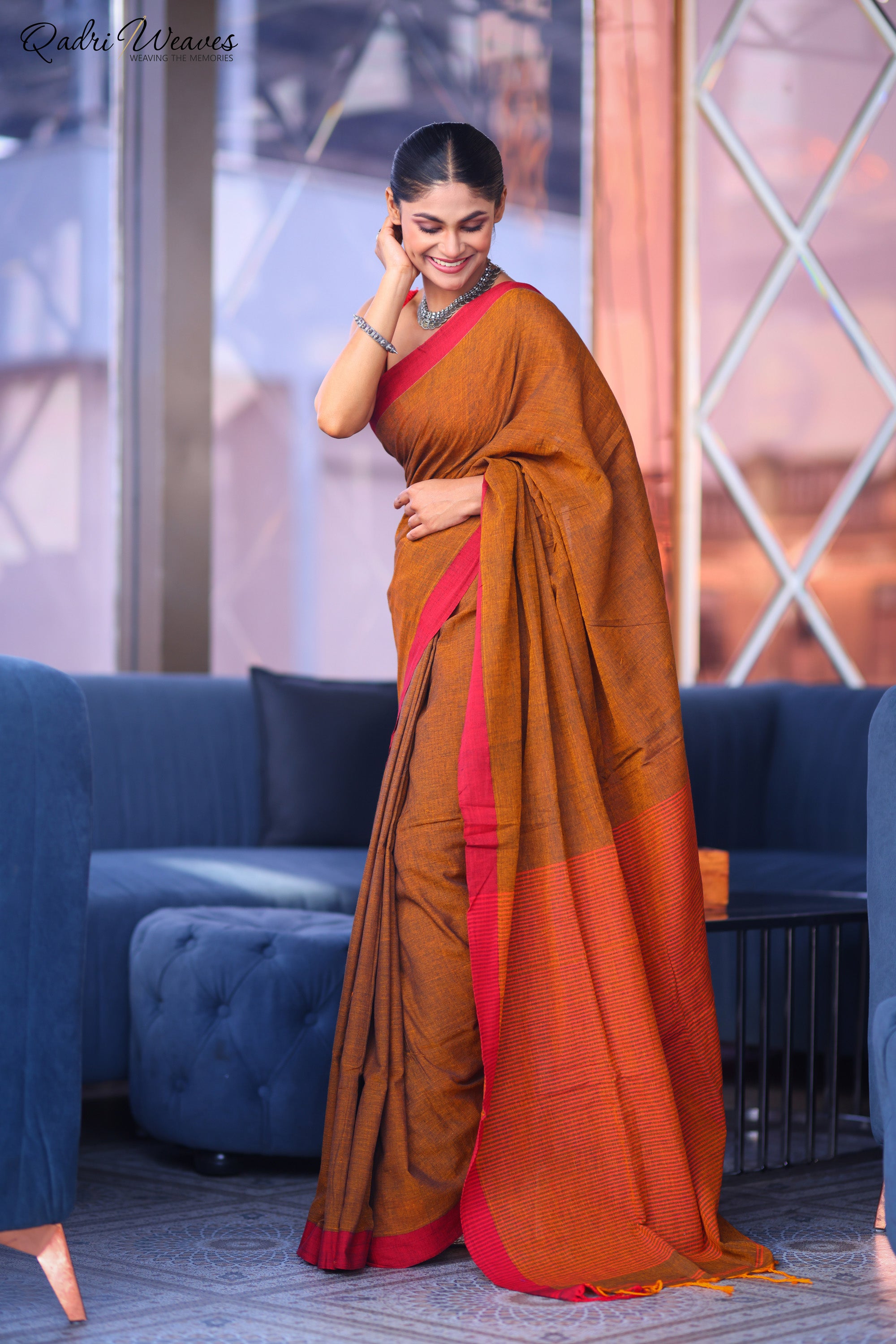 Handloom Plain Mustard Brown With Striped Pallu Design Pure Premium Cotton Saree