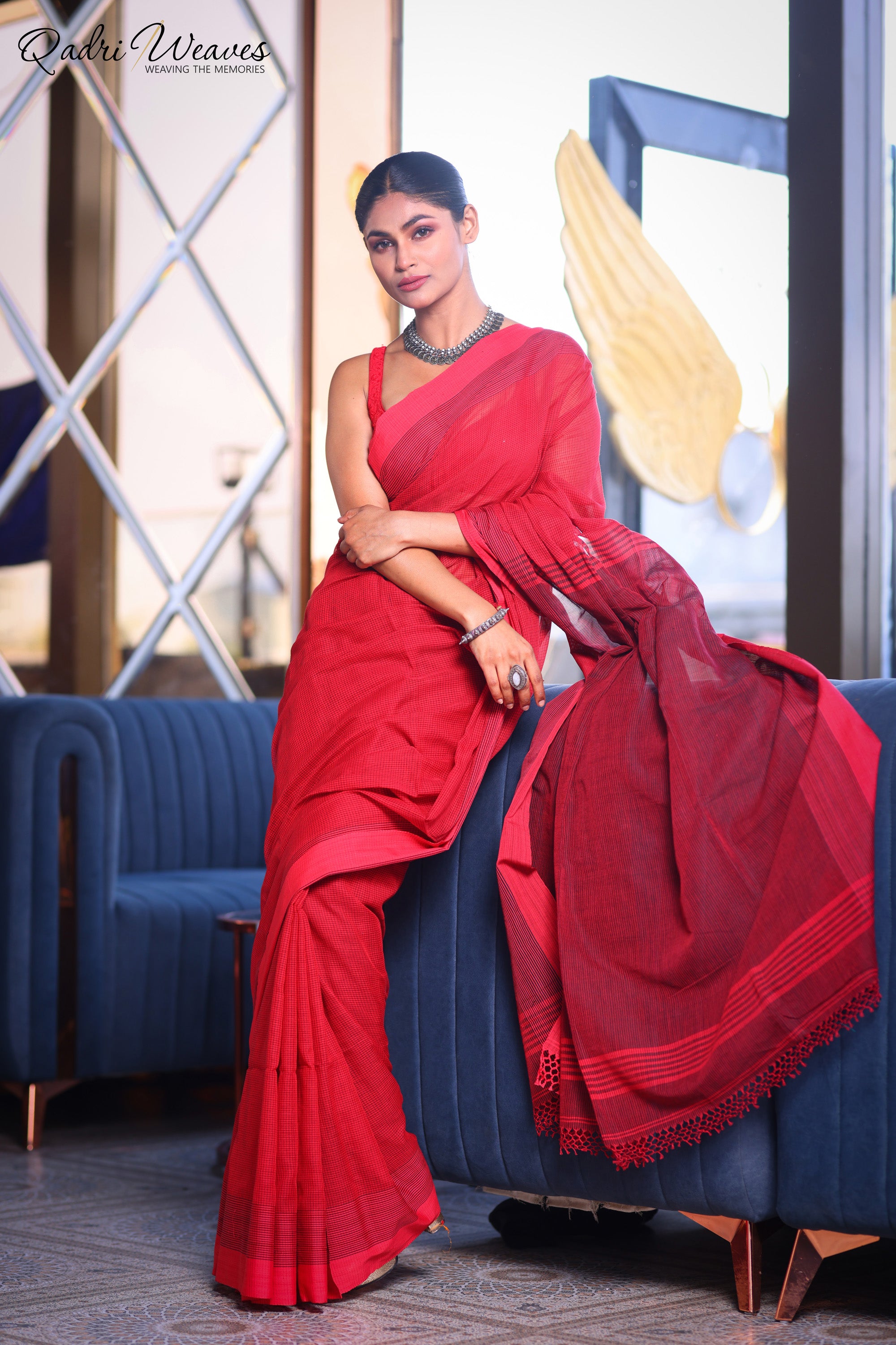 Handloom Red Mini Check Premium Cotton with Saree