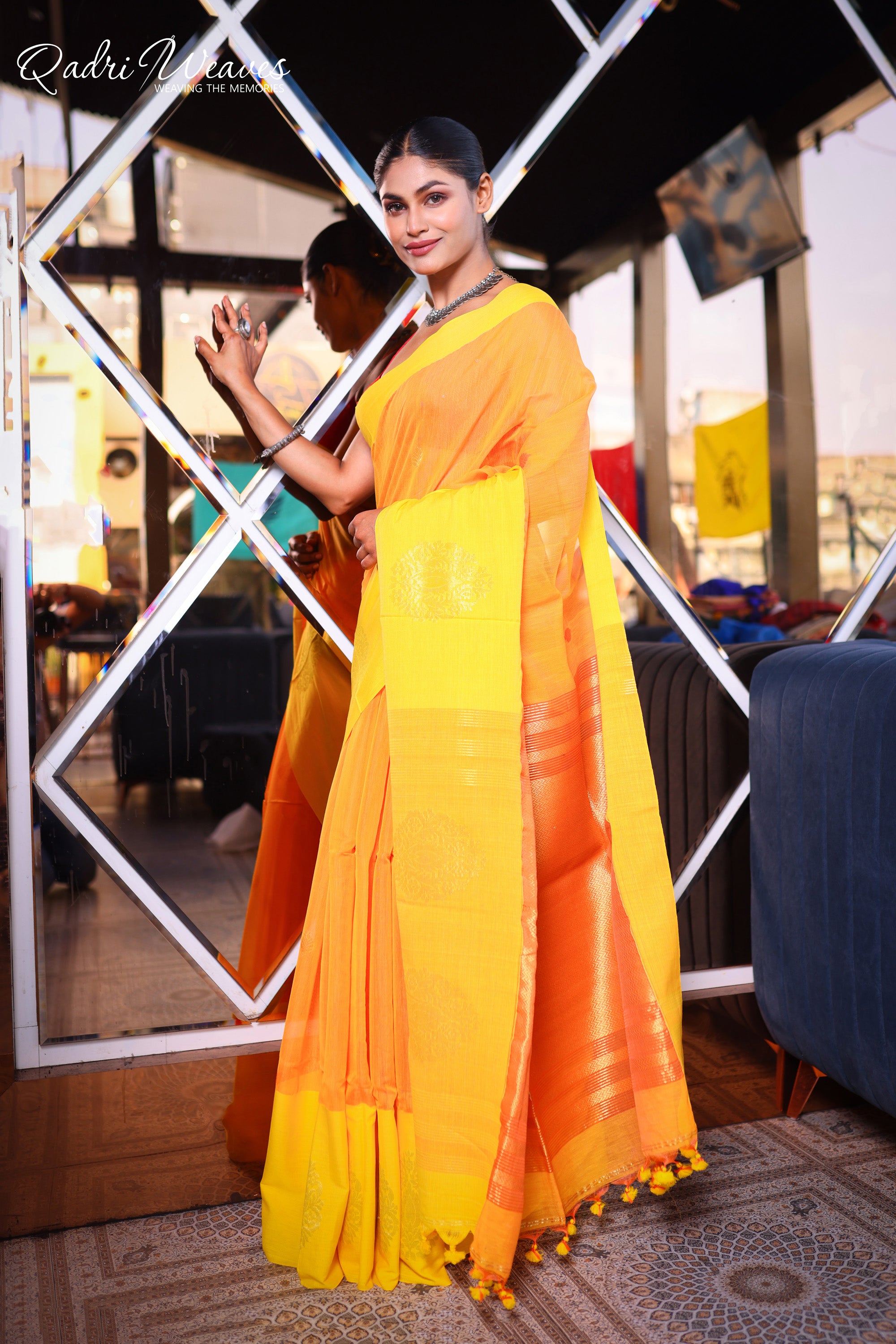 Handloom Orange Yellow Luxury Banarasi Cotton with Golden Zari Work Saree