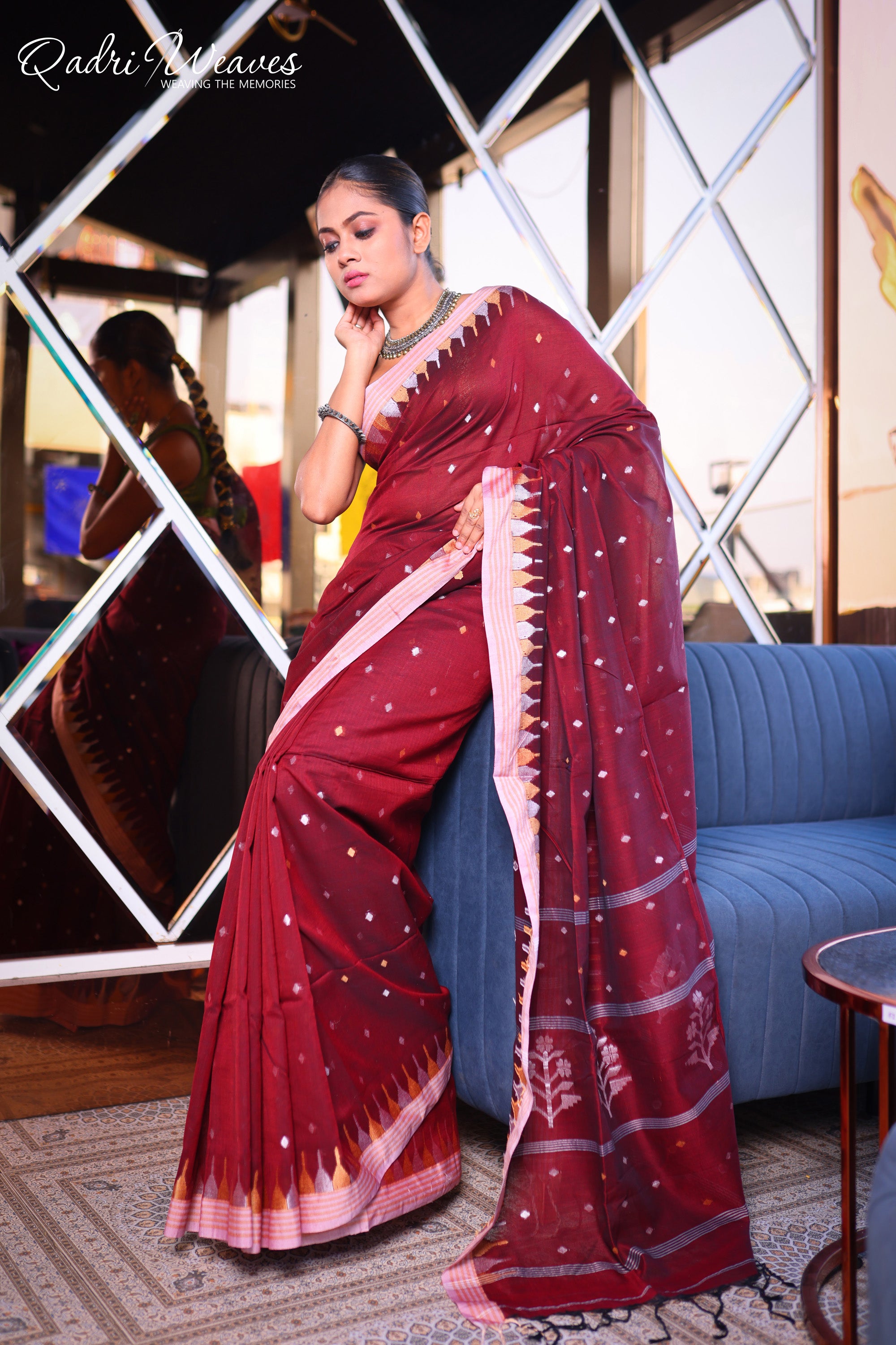 Handloom Dark Red Premium Cotton with Temple border Work Saree