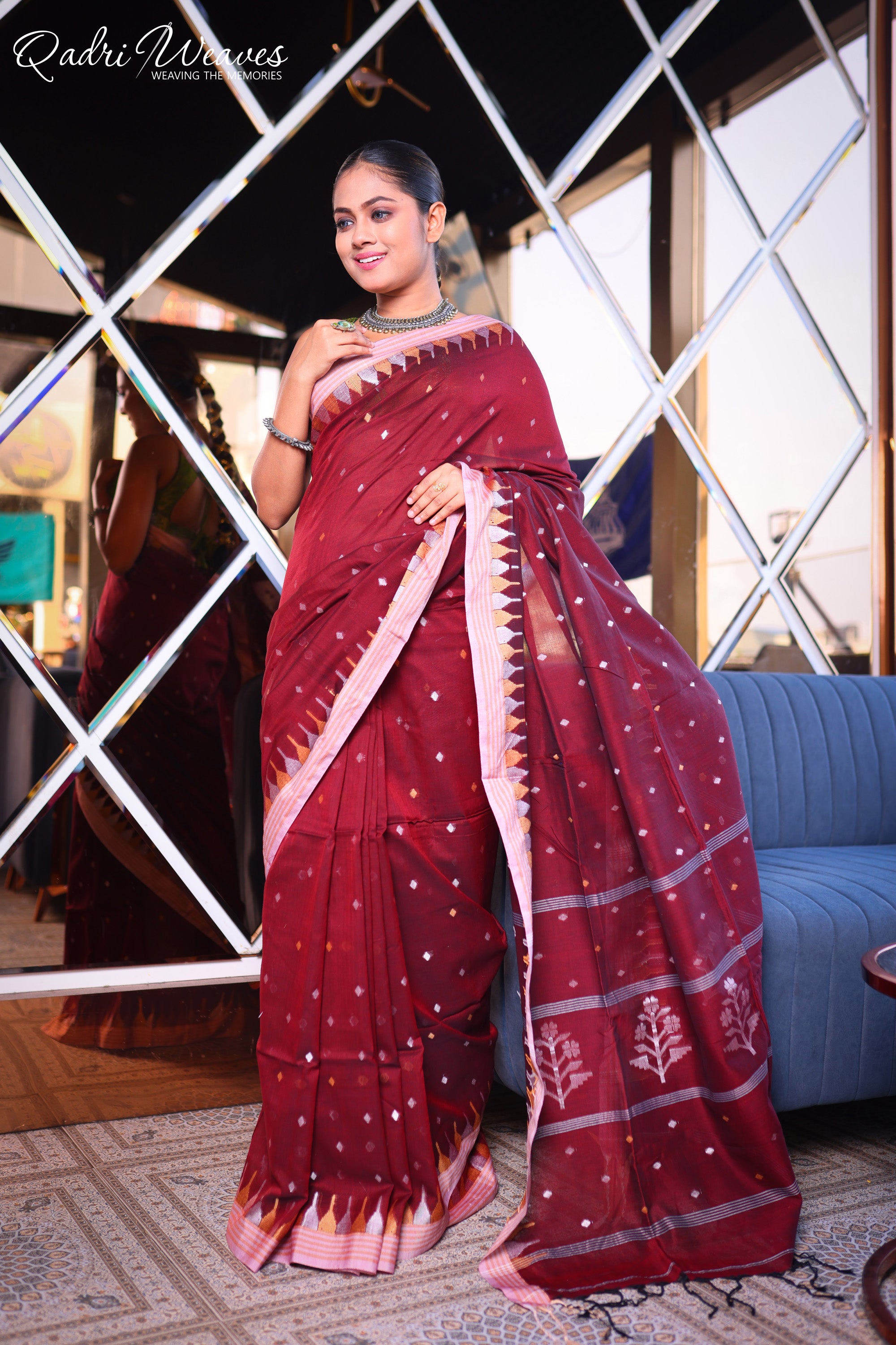 Handloom Dark Red Premium Cotton with Temple border Work Saree