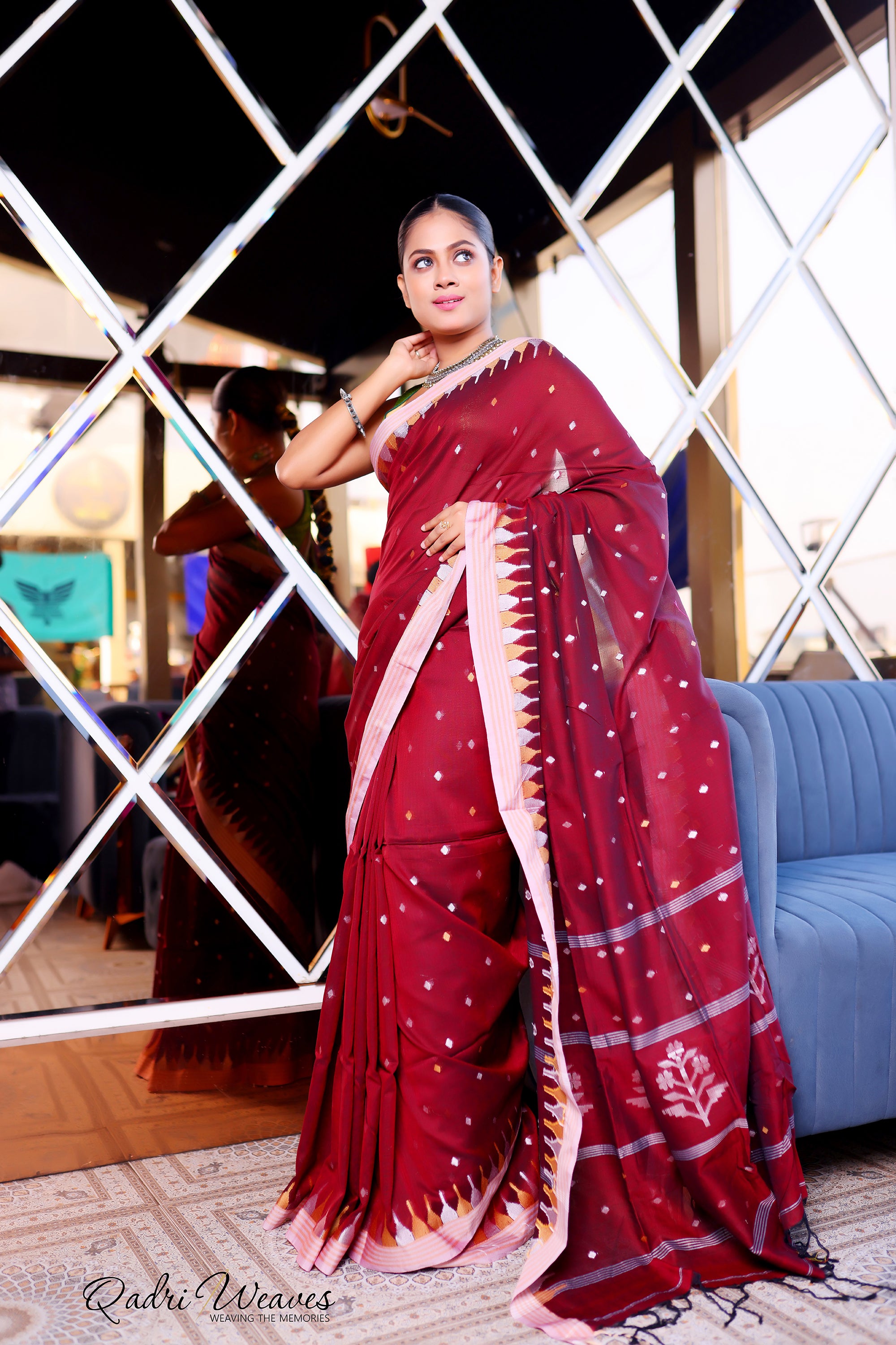 Handloom Dark Red Premium Cotton with Temple border Work Saree