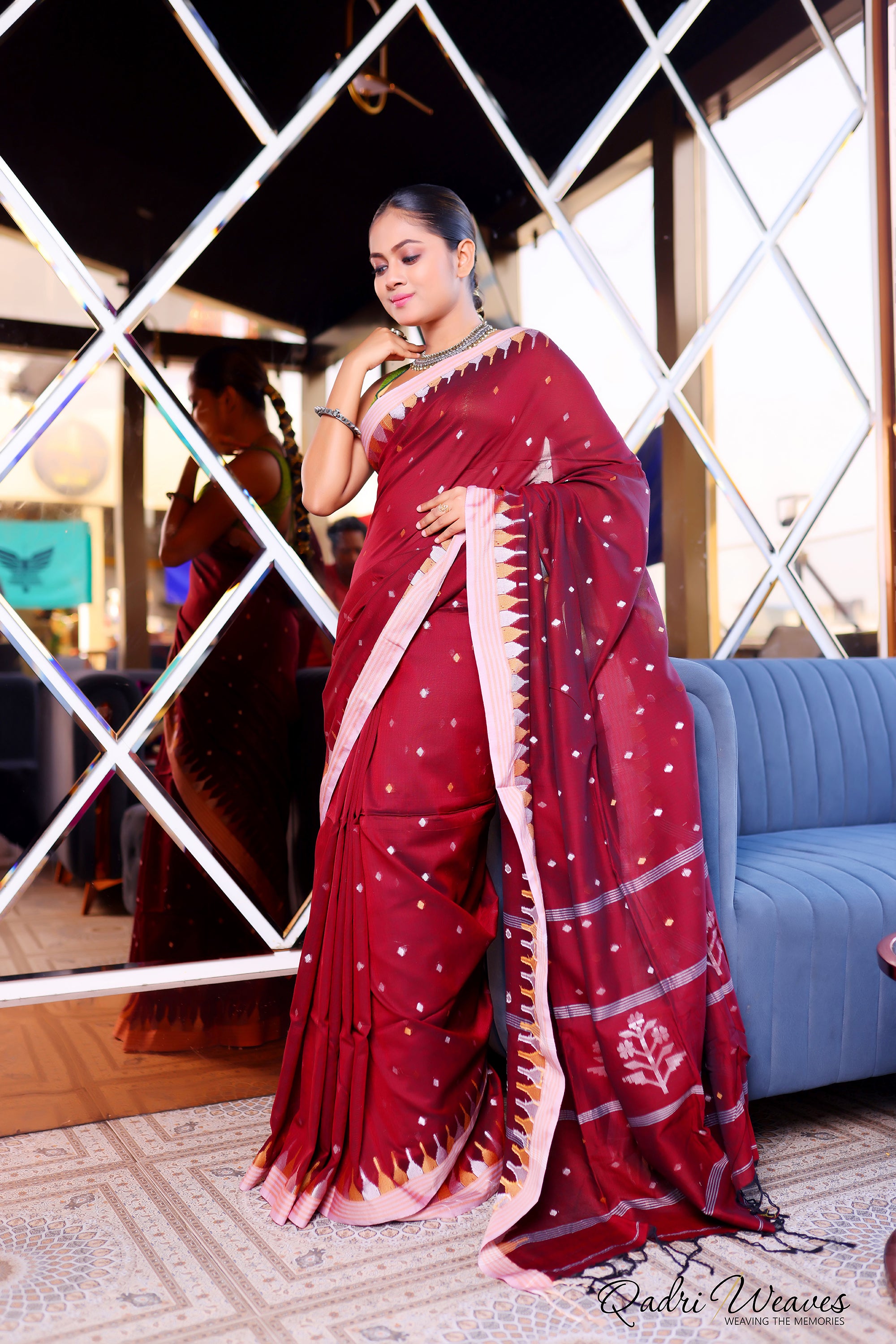 Handloom Dark Red Premium Cotton with Temple border Work Saree