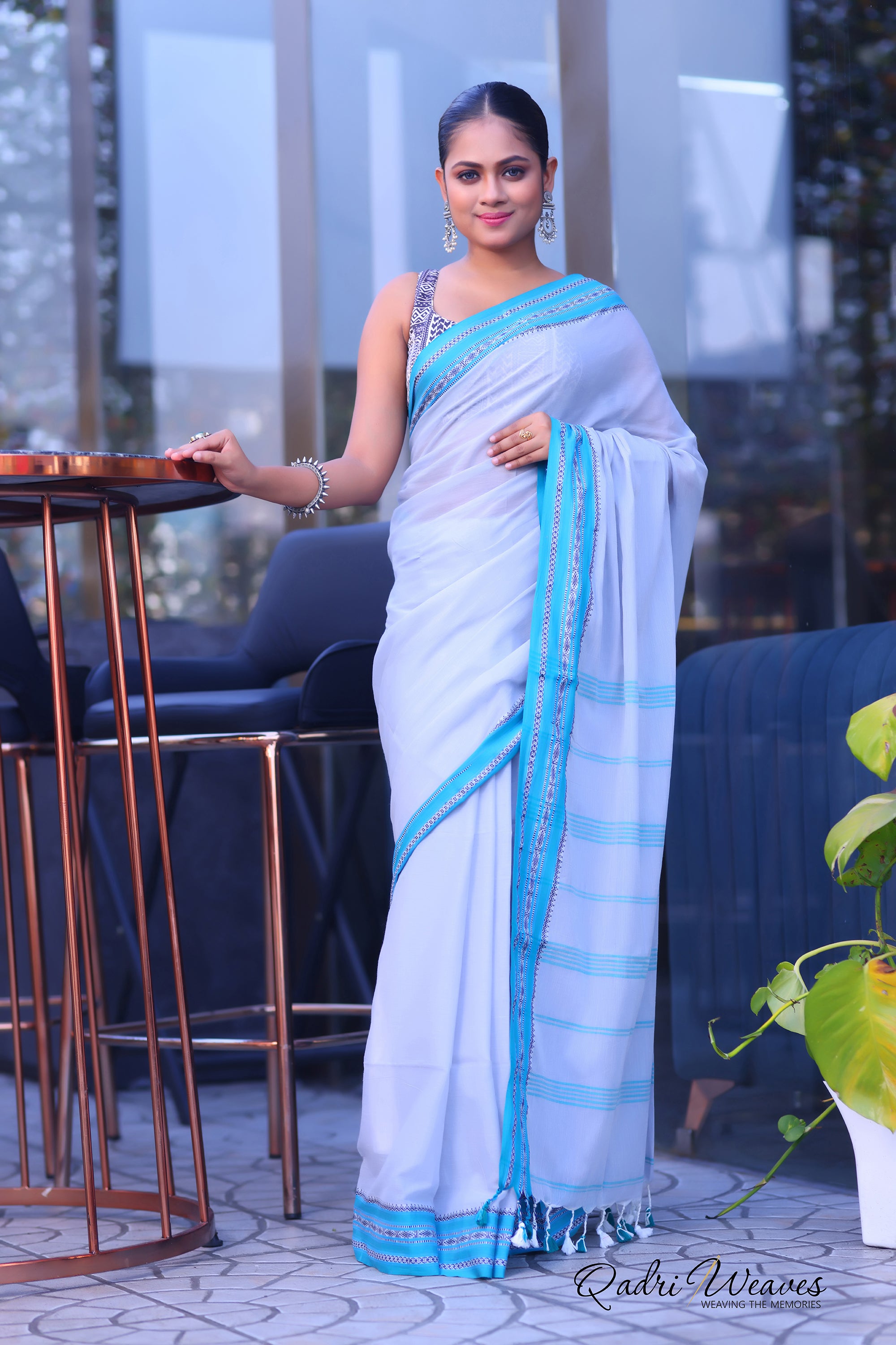 Handloom Silver Grey Pure Cotton Striped With Border Work Saree