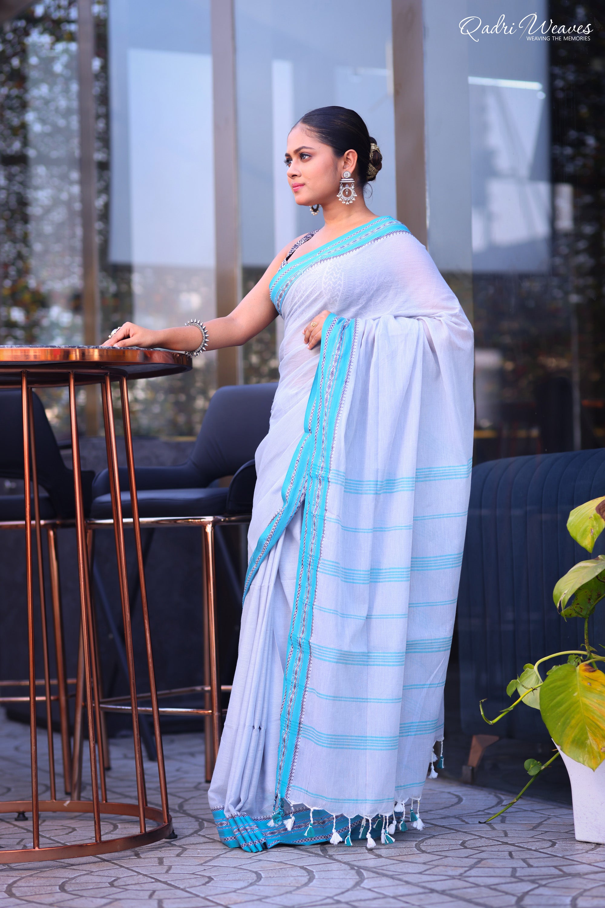 Handloom Silver Grey Pure Cotton Striped With Border Work Saree