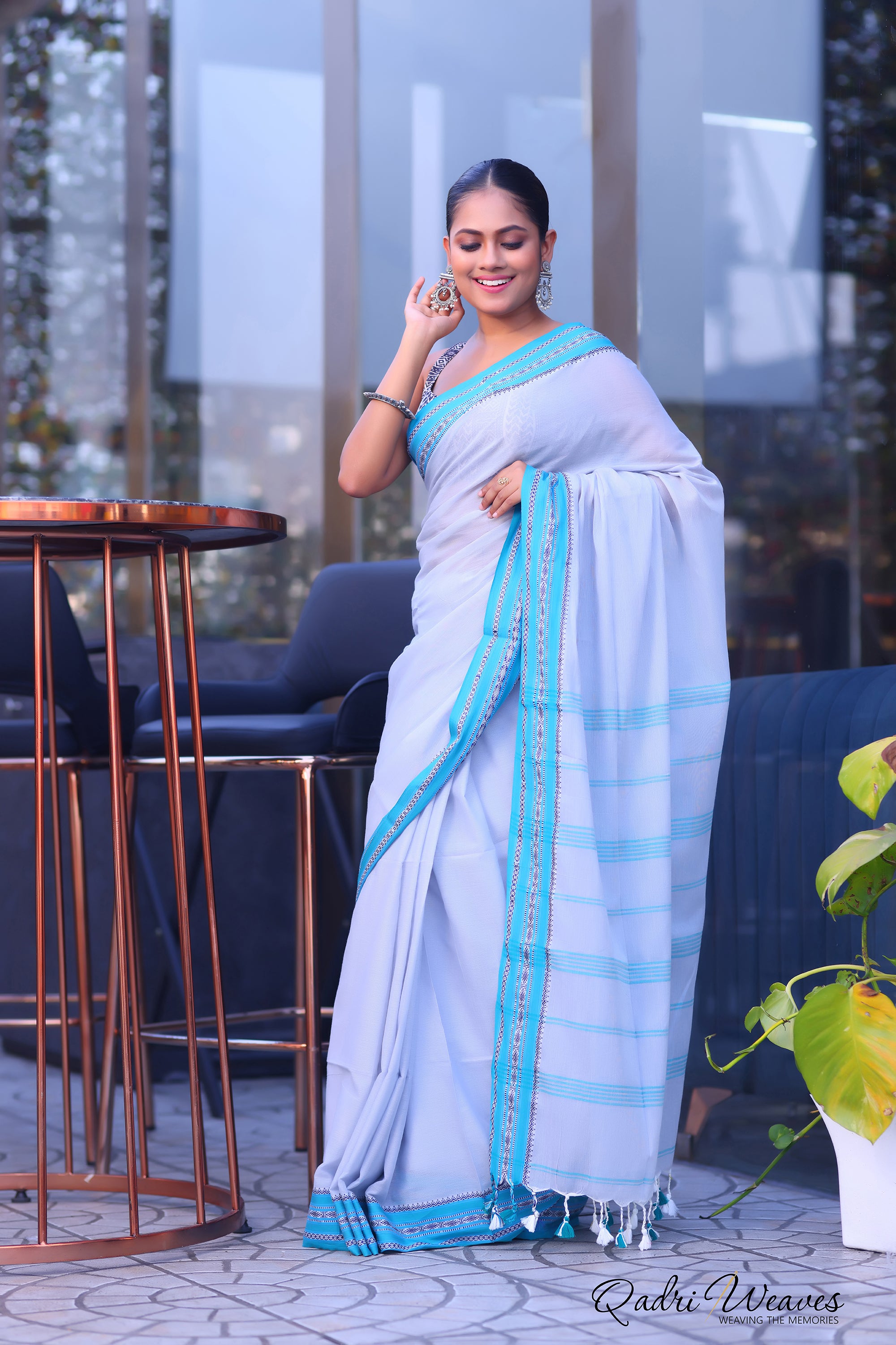 Handloom Silver Grey Pure Cotton Striped With Border Work Saree