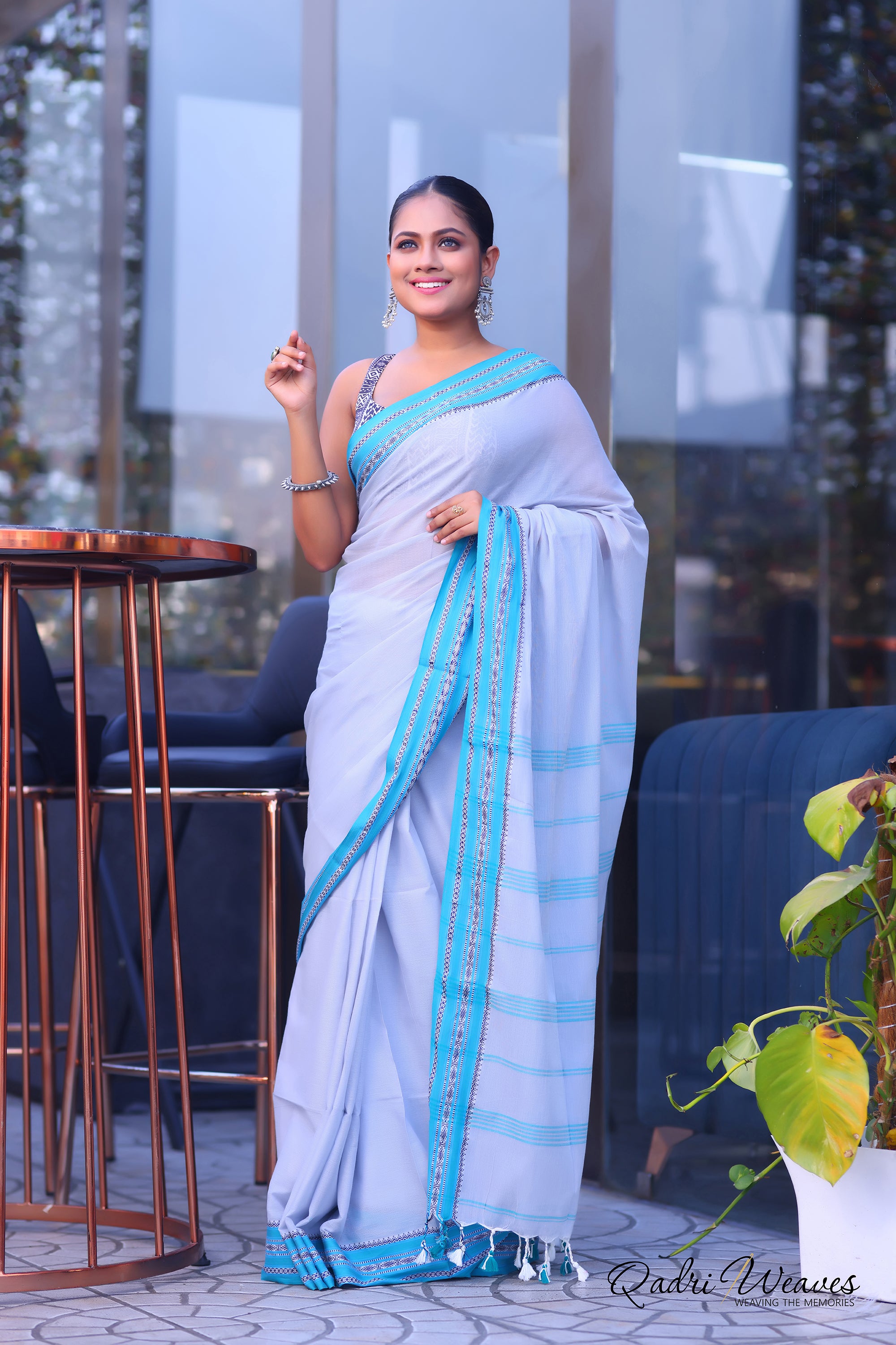 Handloom Silver Grey Pure Cotton Striped With Border Work Saree