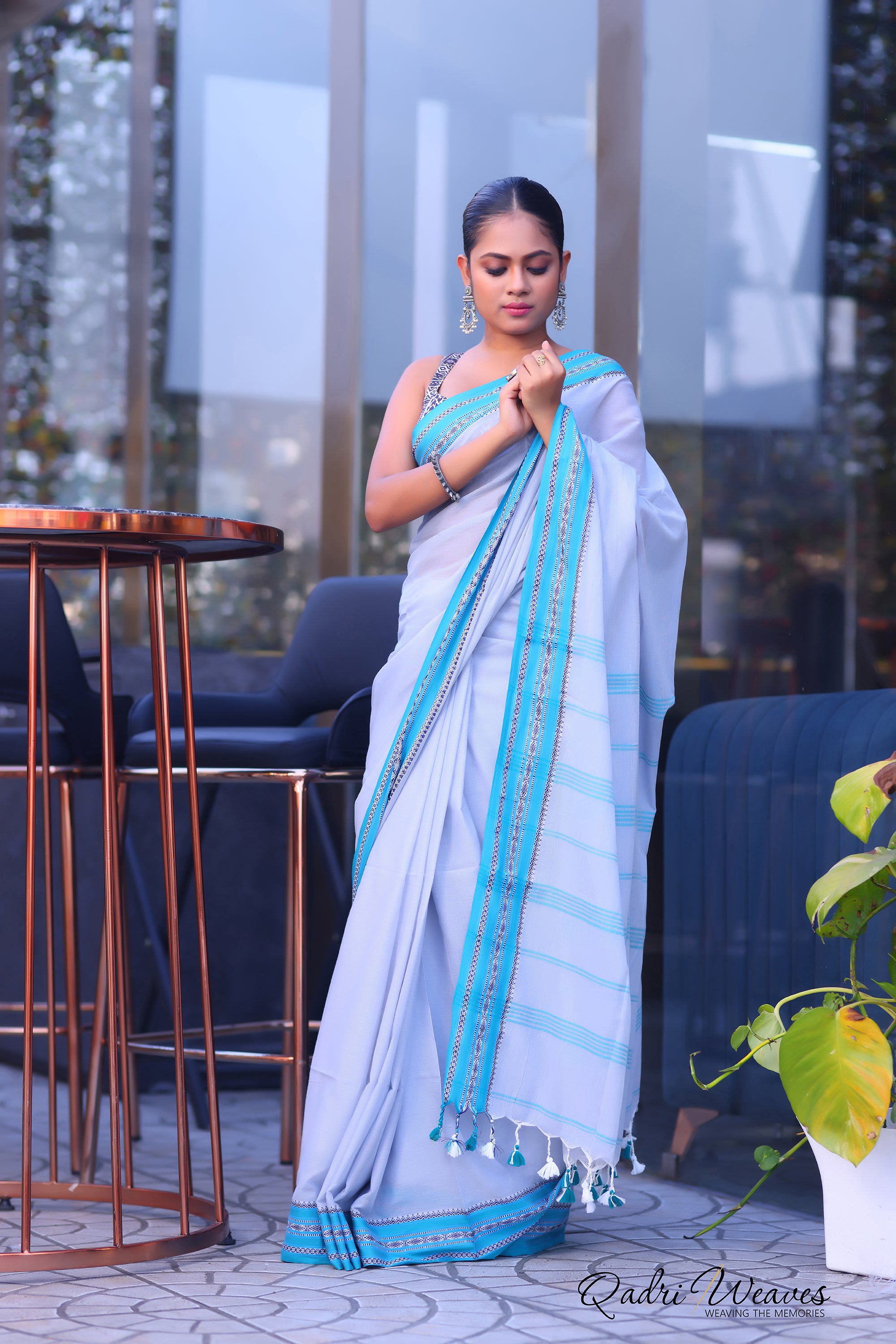 Handloom Silver Grey Pure Cotton Striped With Border Work Saree