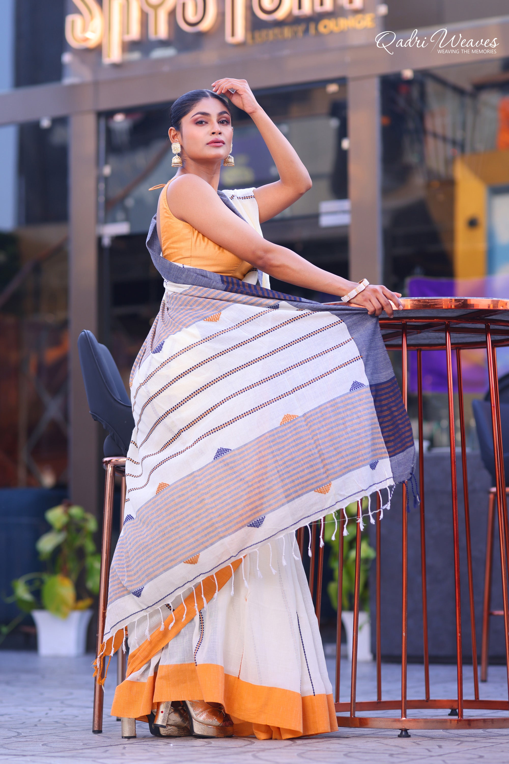 Handloom Off White Pure Premium Cotton Striped Design Saree