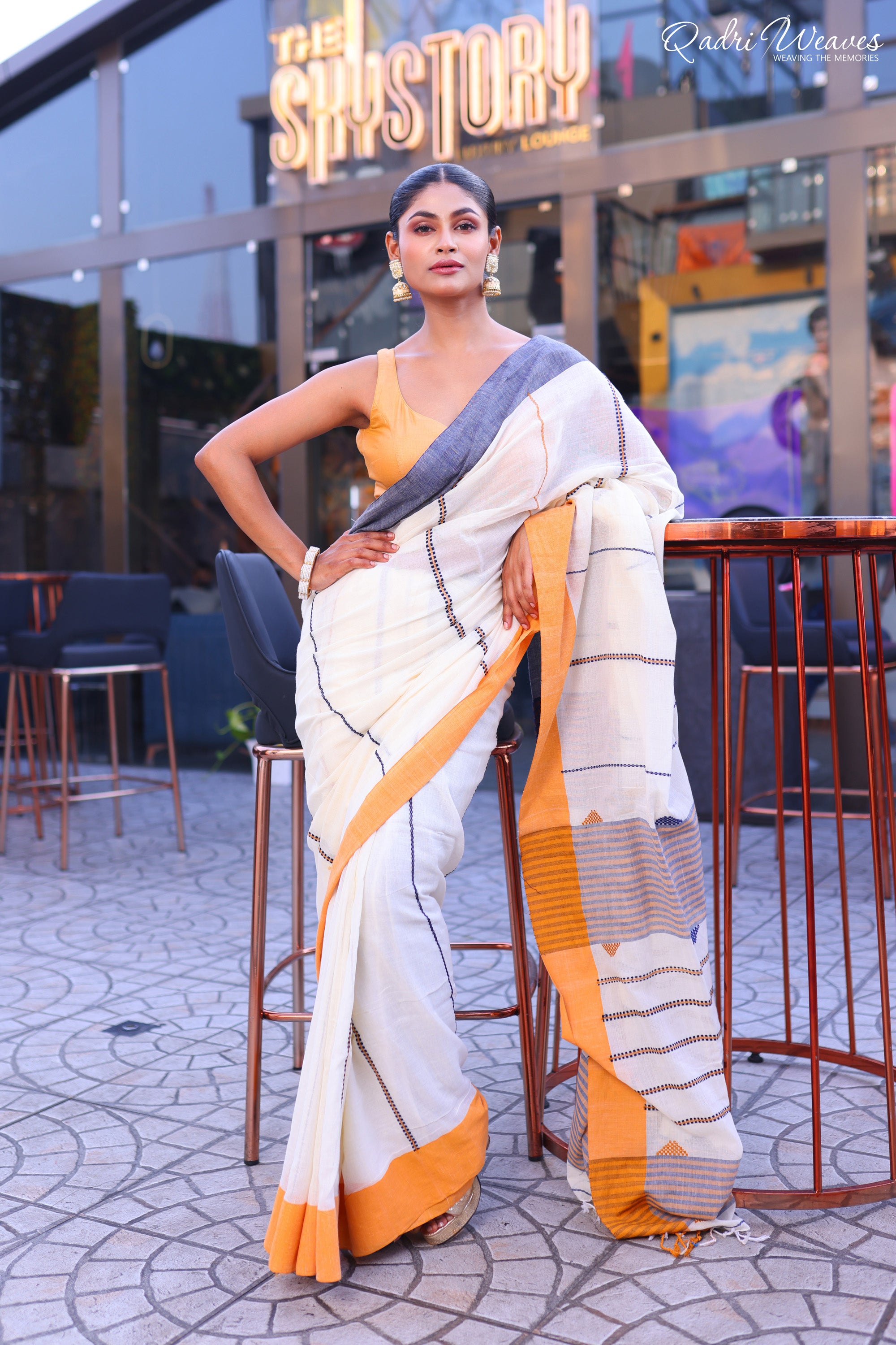 Handloom Off White Pure Premium Cotton Striped Design Saree