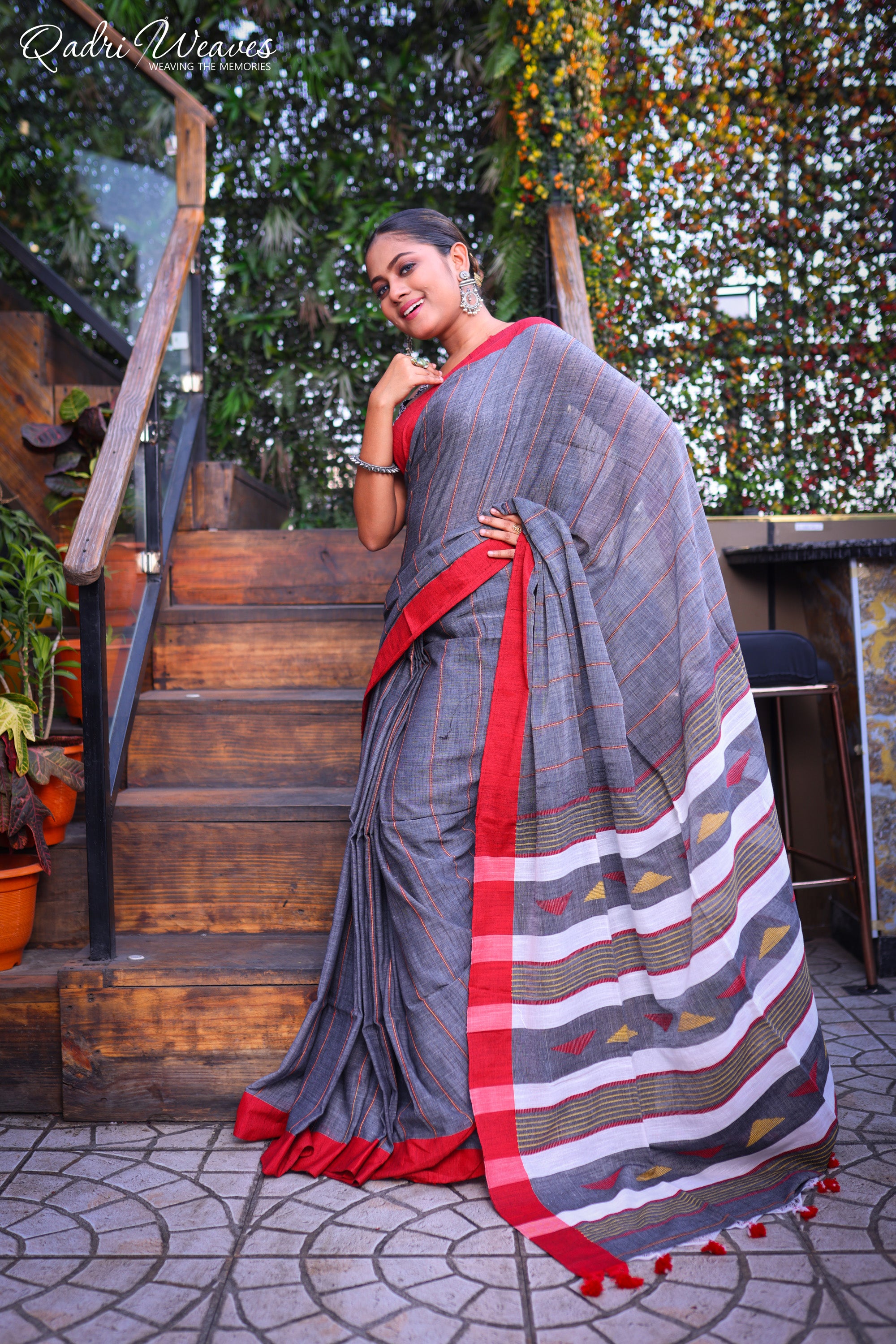 Handloom Grey Cotton Striped Design Saree