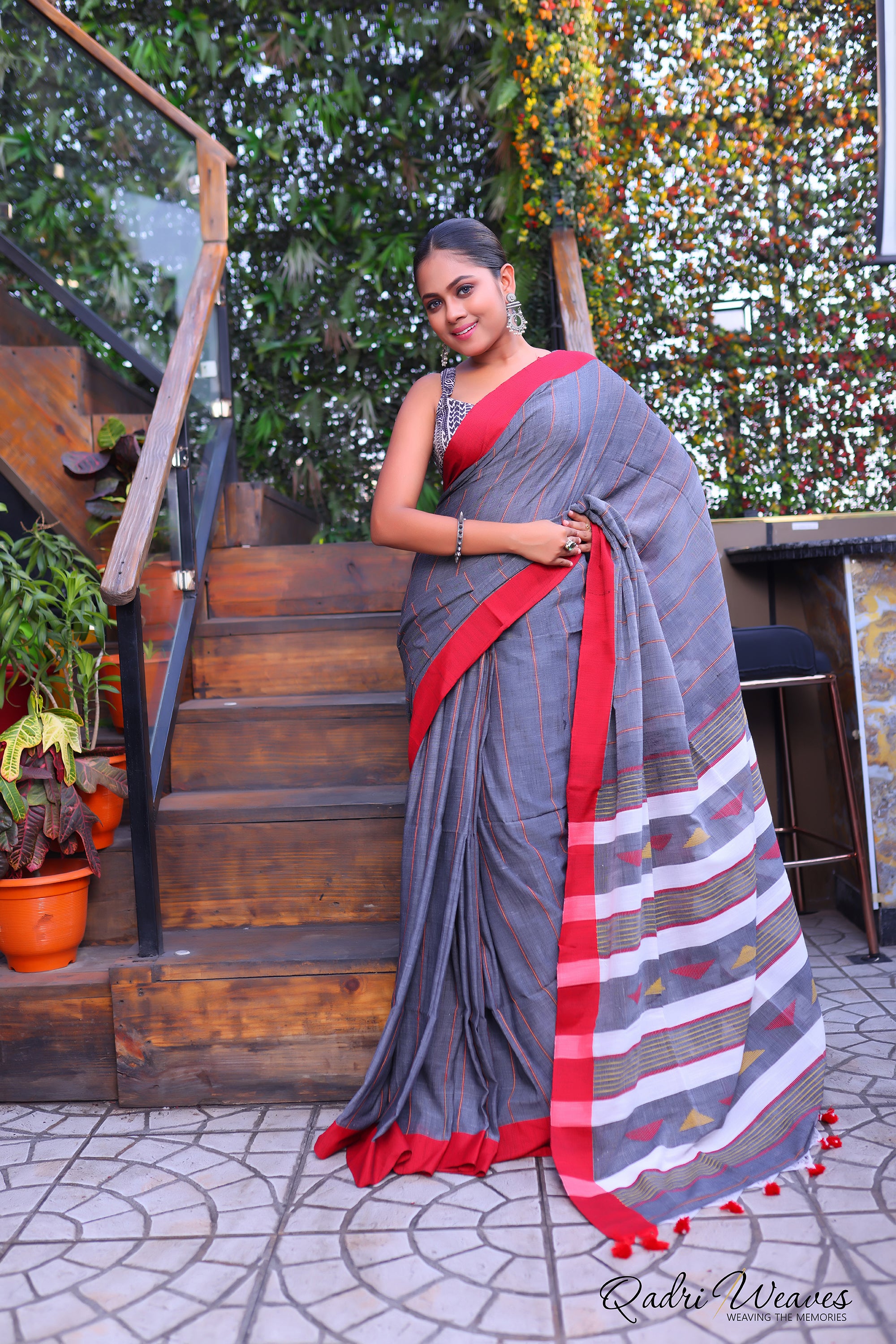 Handloom Grey Cotton Striped Design Saree