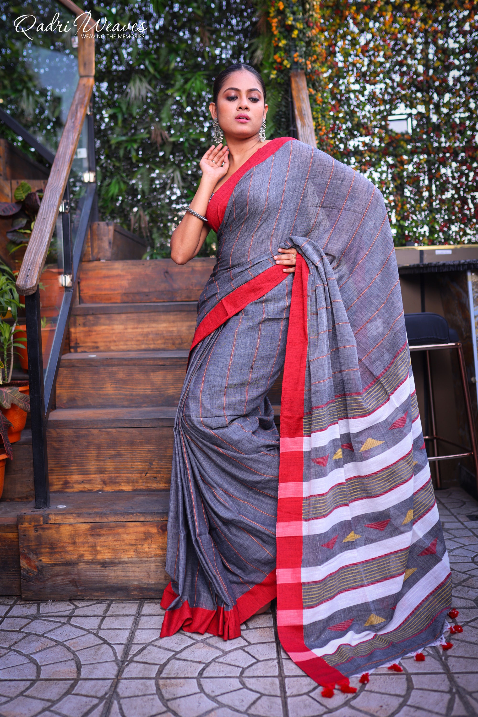 Handloom Grey Cotton Striped Design Saree