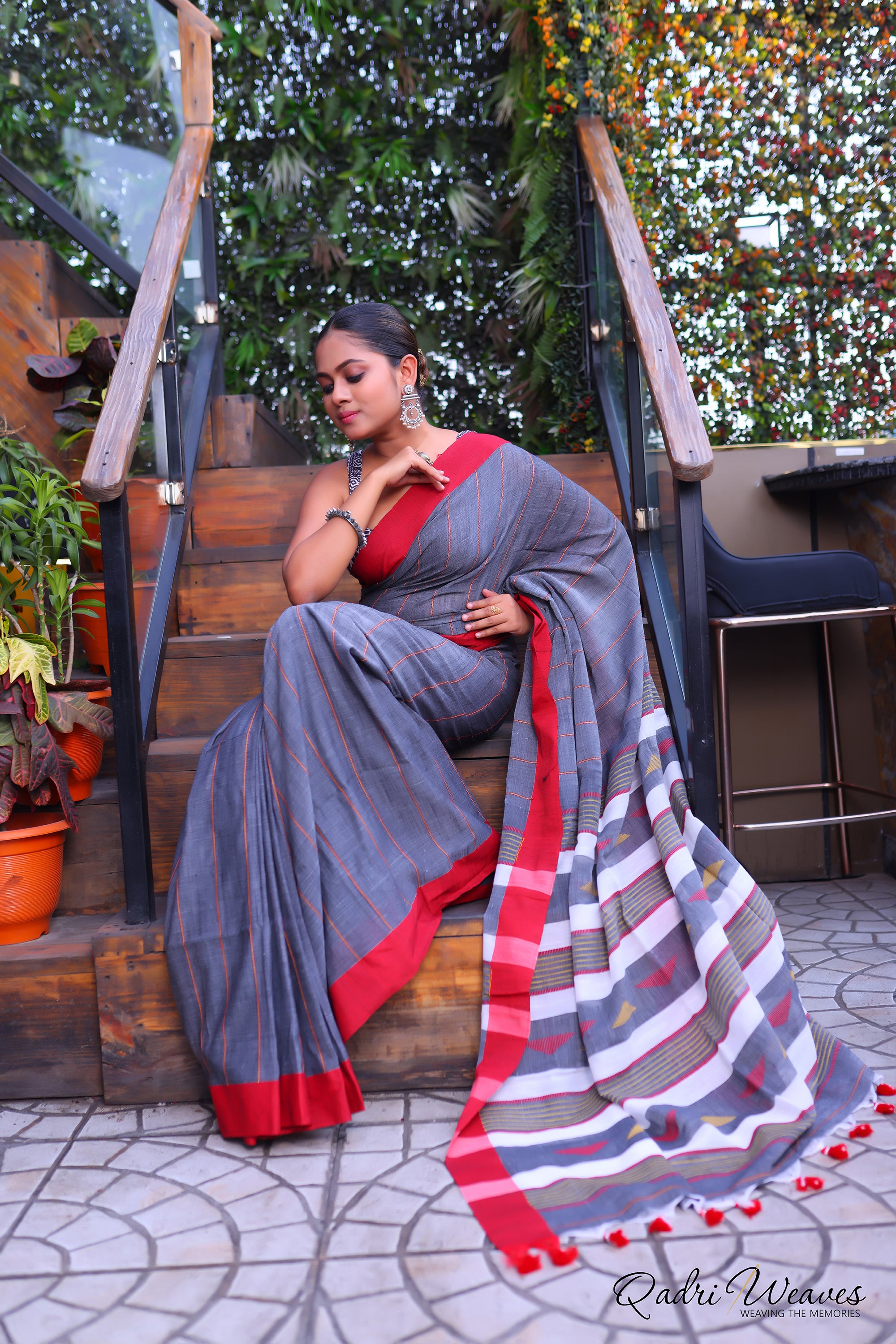 Handloom Grey Cotton Striped Design Saree