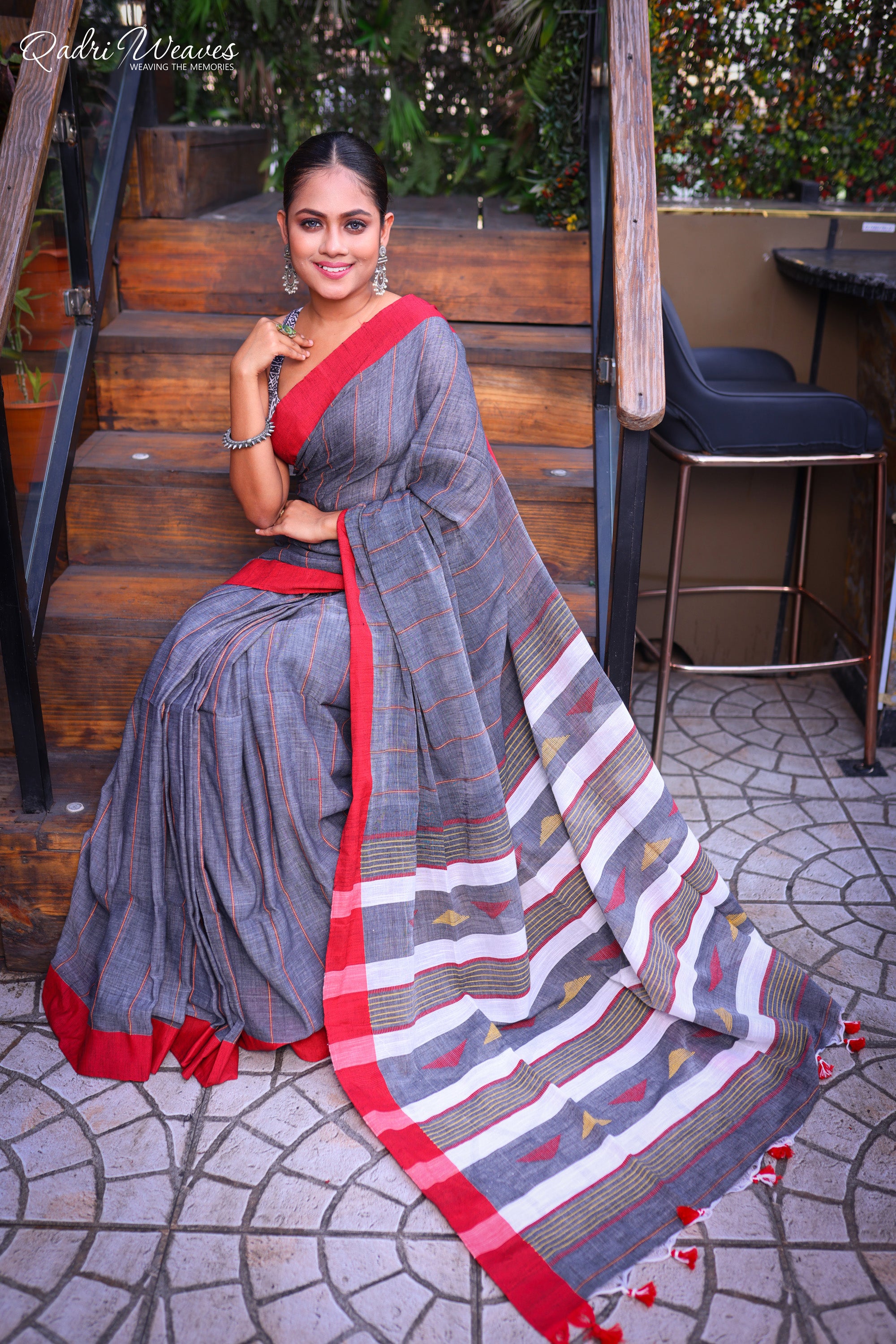 Handloom Grey Cotton Striped Design Saree