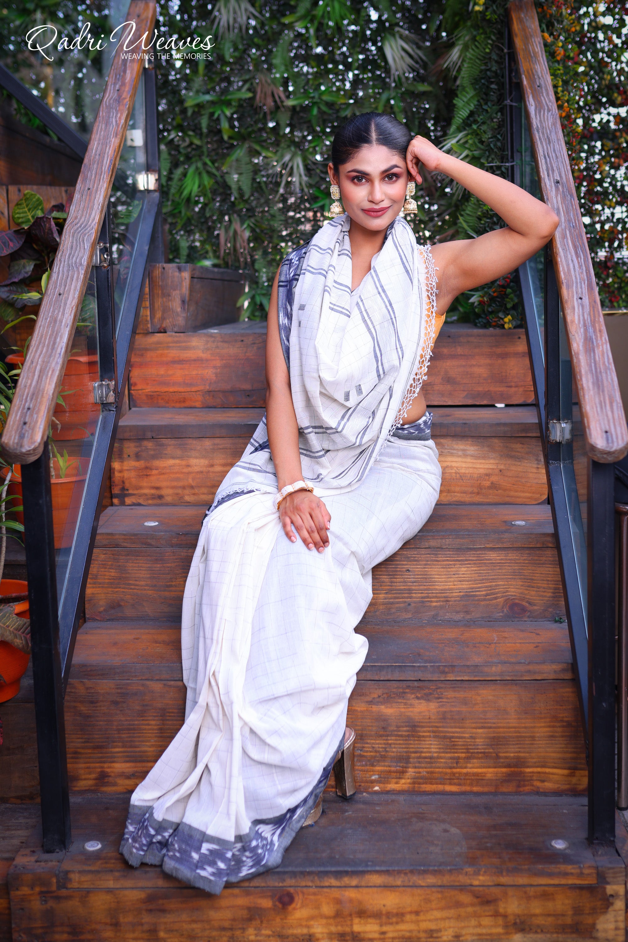 Handloom White Check With Striped Pallu Pure Premium Cotton Ikat Saree