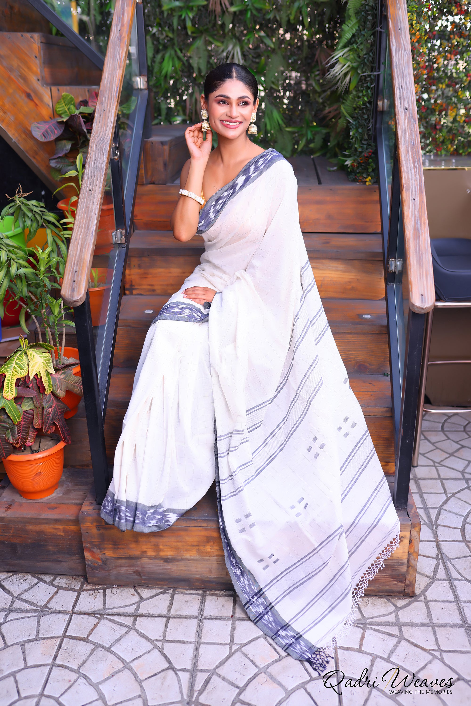 Handloom White Check With Striped Pallu Pure Premium Cotton Ikat Saree