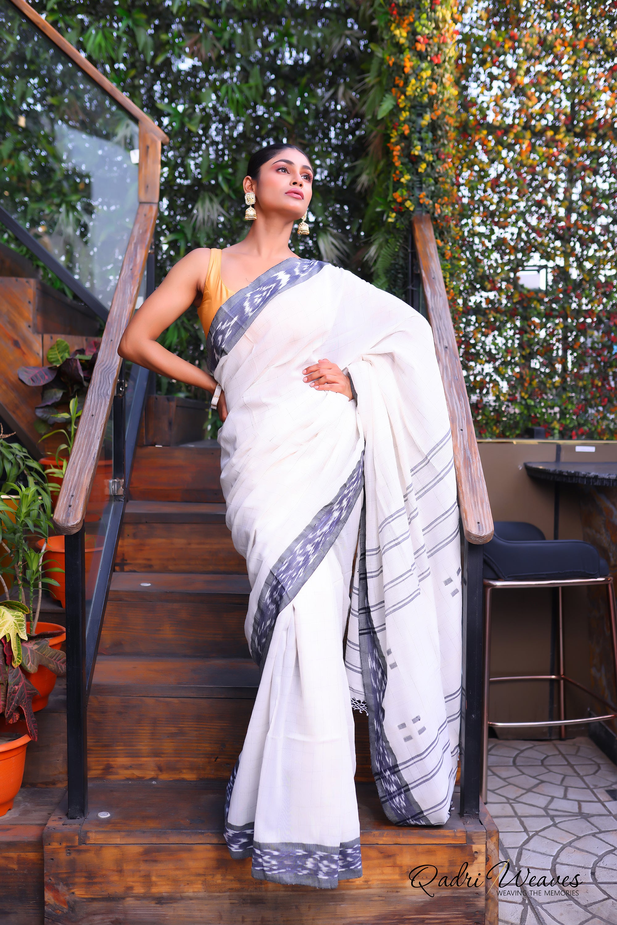 Handloom White Check With Striped Pallu Pure Premium Cotton Ikat Saree