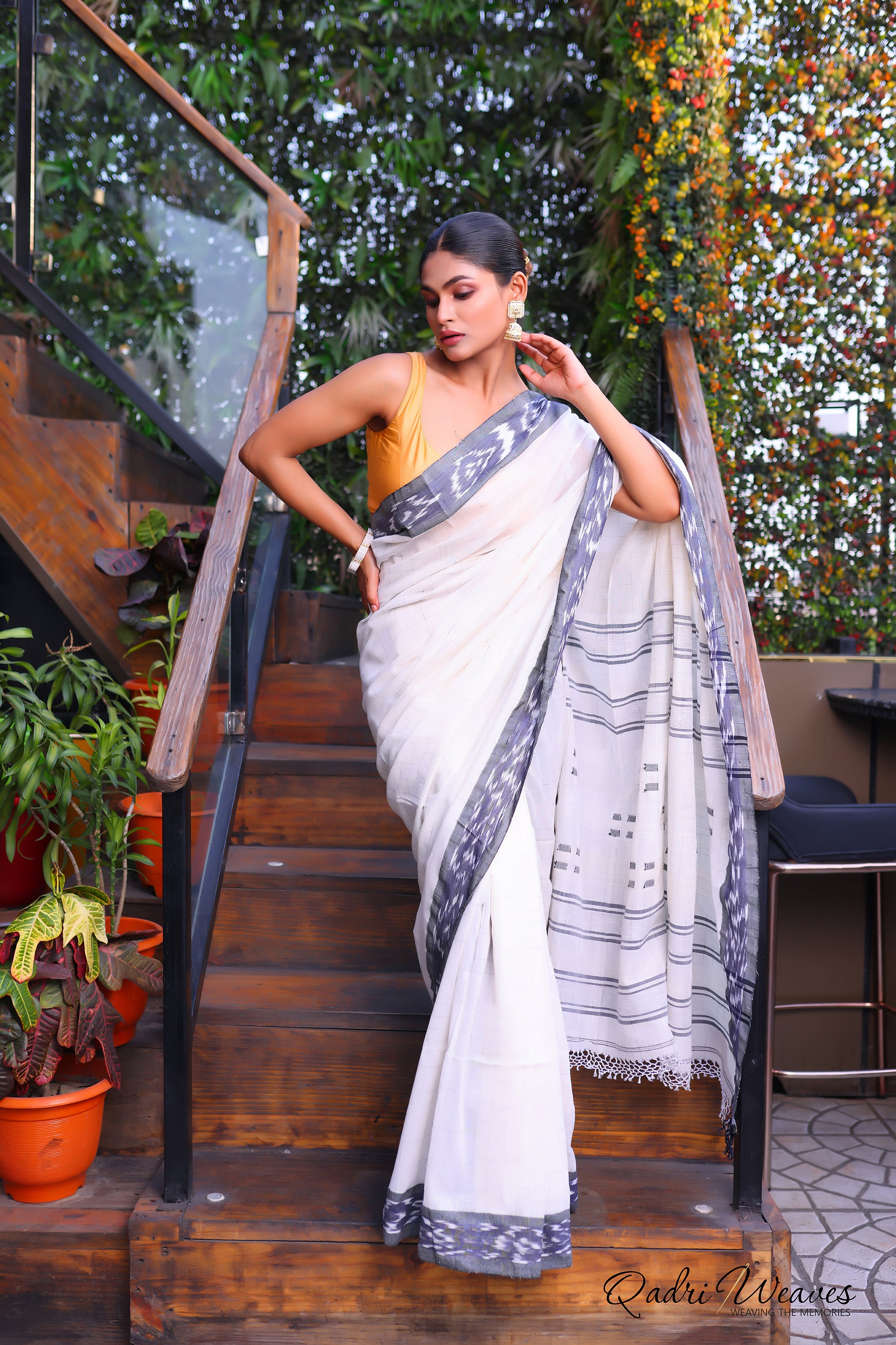 Handloom White Check With Striped Pallu Pure Premium Cotton Ikat Saree