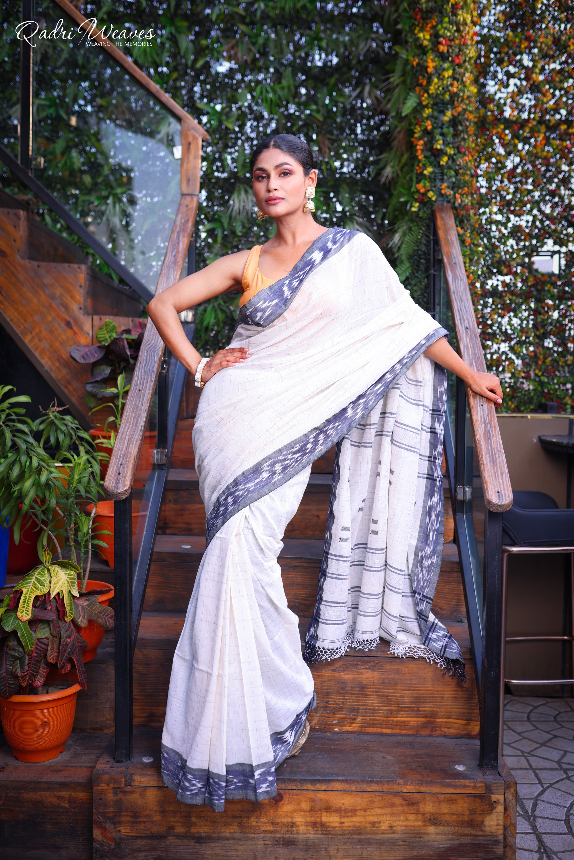 Handloom White Check With Striped Pallu Pure Premium Cotton Ikat Saree