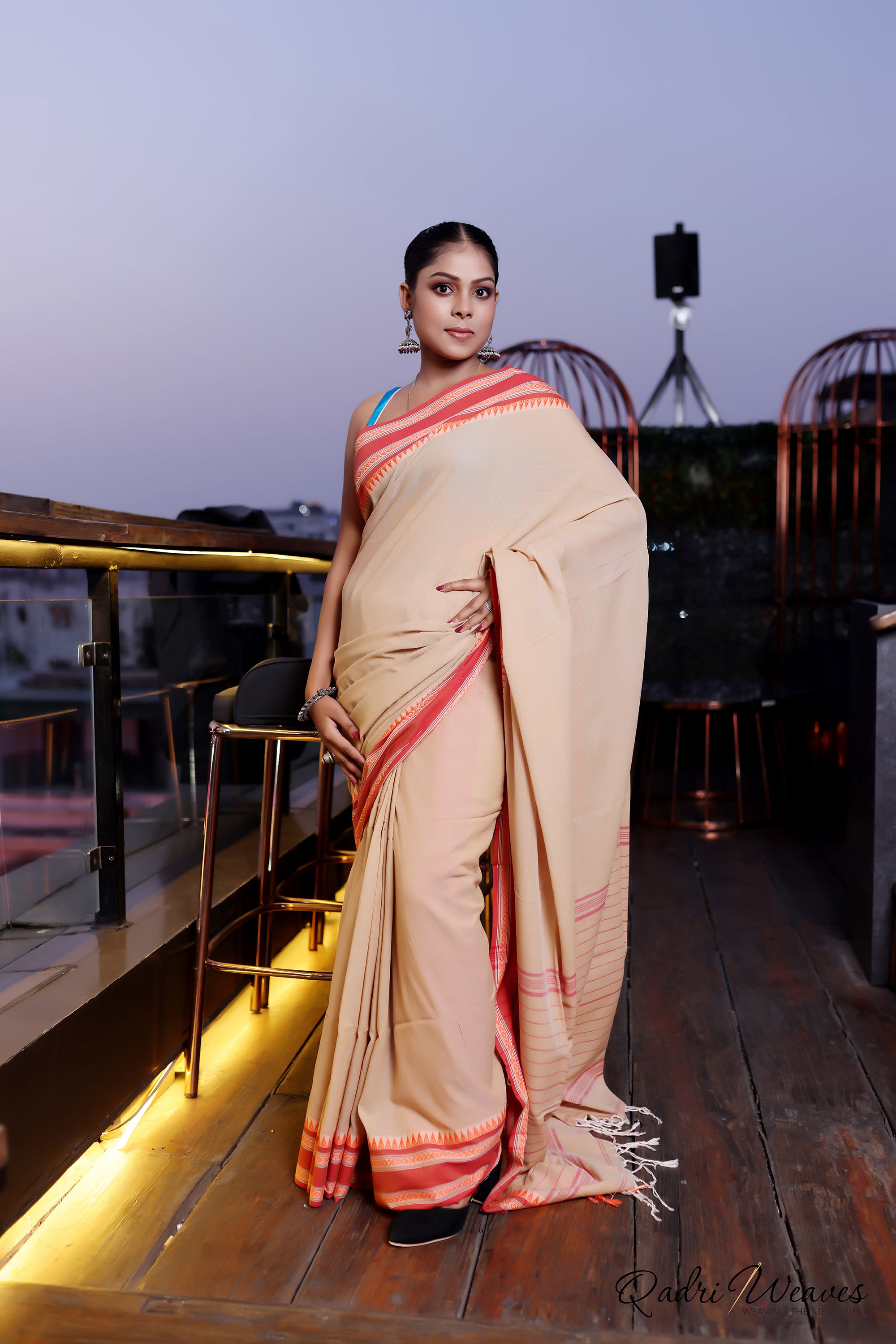 Handloom Sand Brown with Striped Pallu and Elegant Temple Border Saree