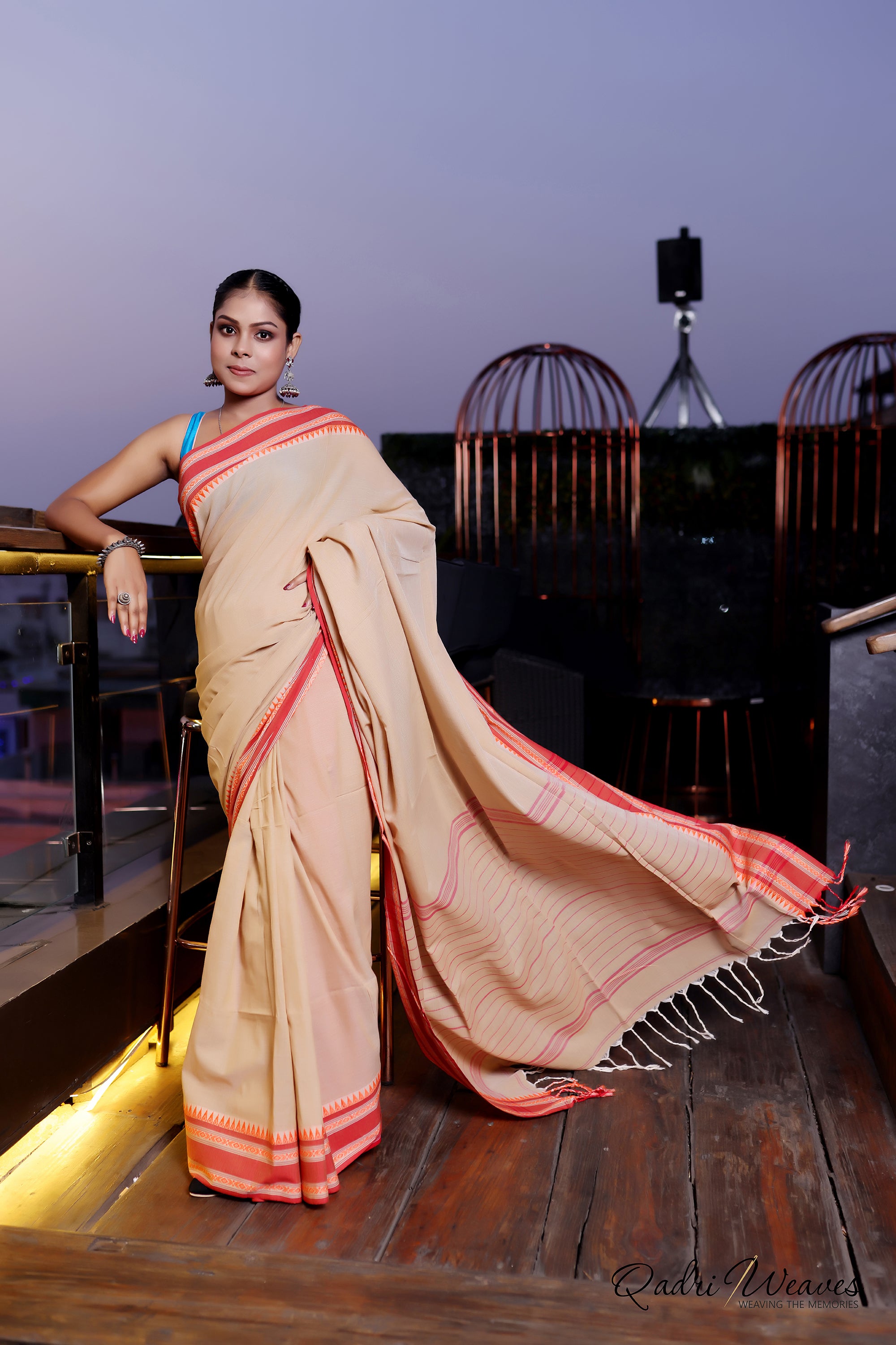 Handloom Sand Brown with Striped Pallu and Elegant Temple Border Saree