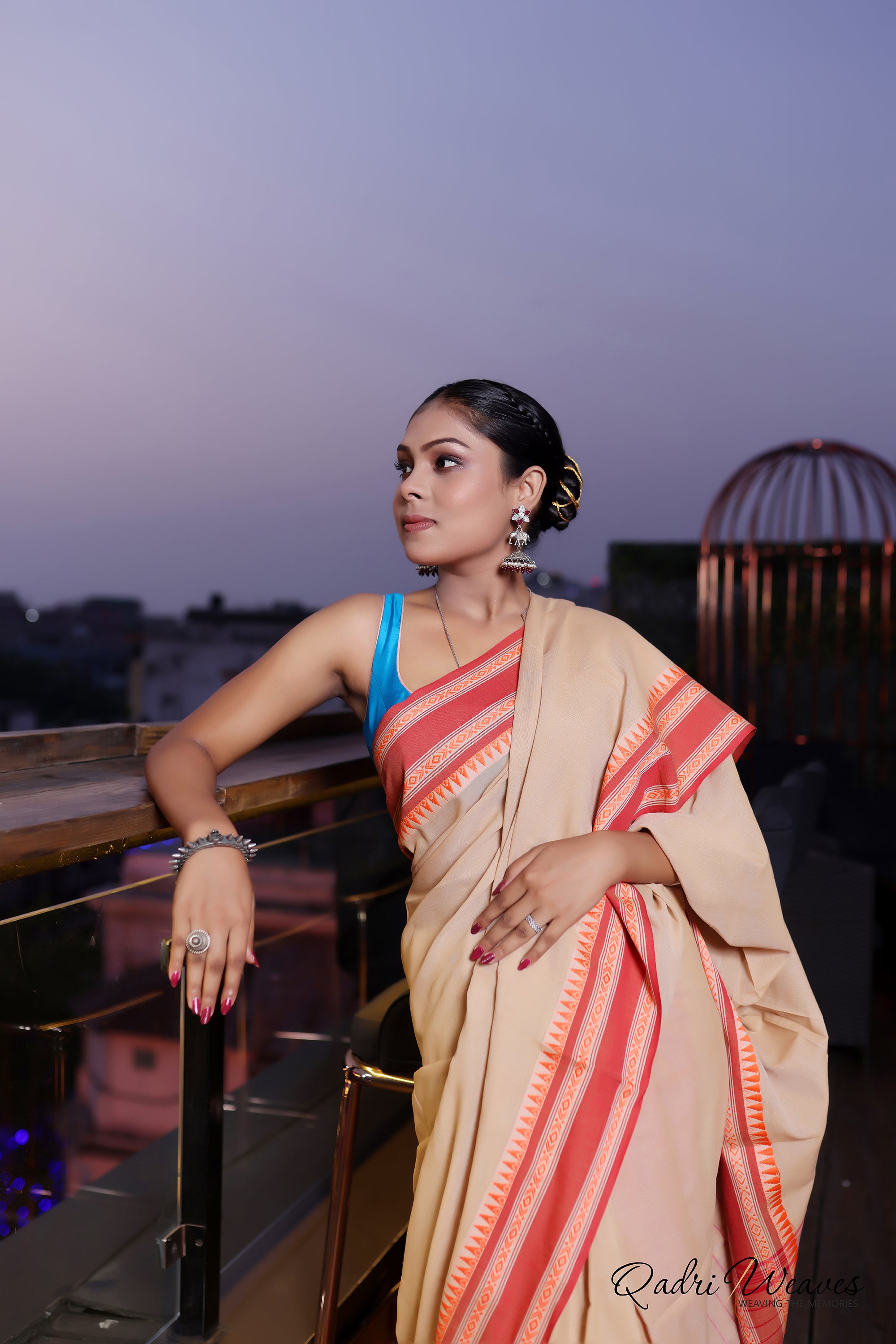 Handloom Sand Brown with Striped Pallu and Elegant Temple Border Saree