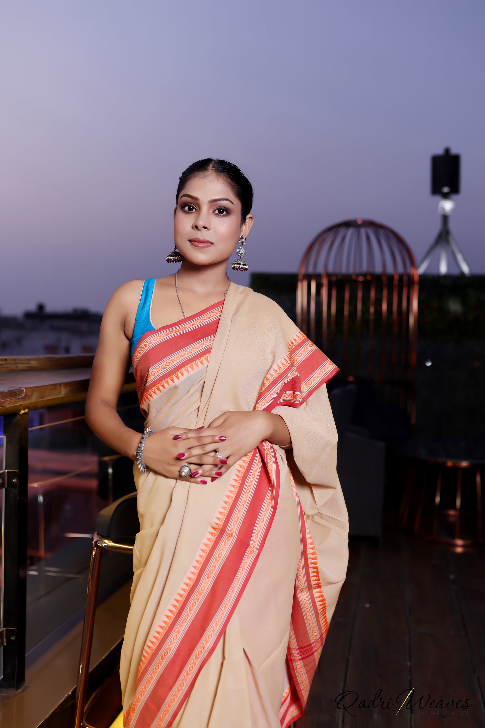 Handloom Sand Brown with Striped Pallu and Elegant Temple Border Saree