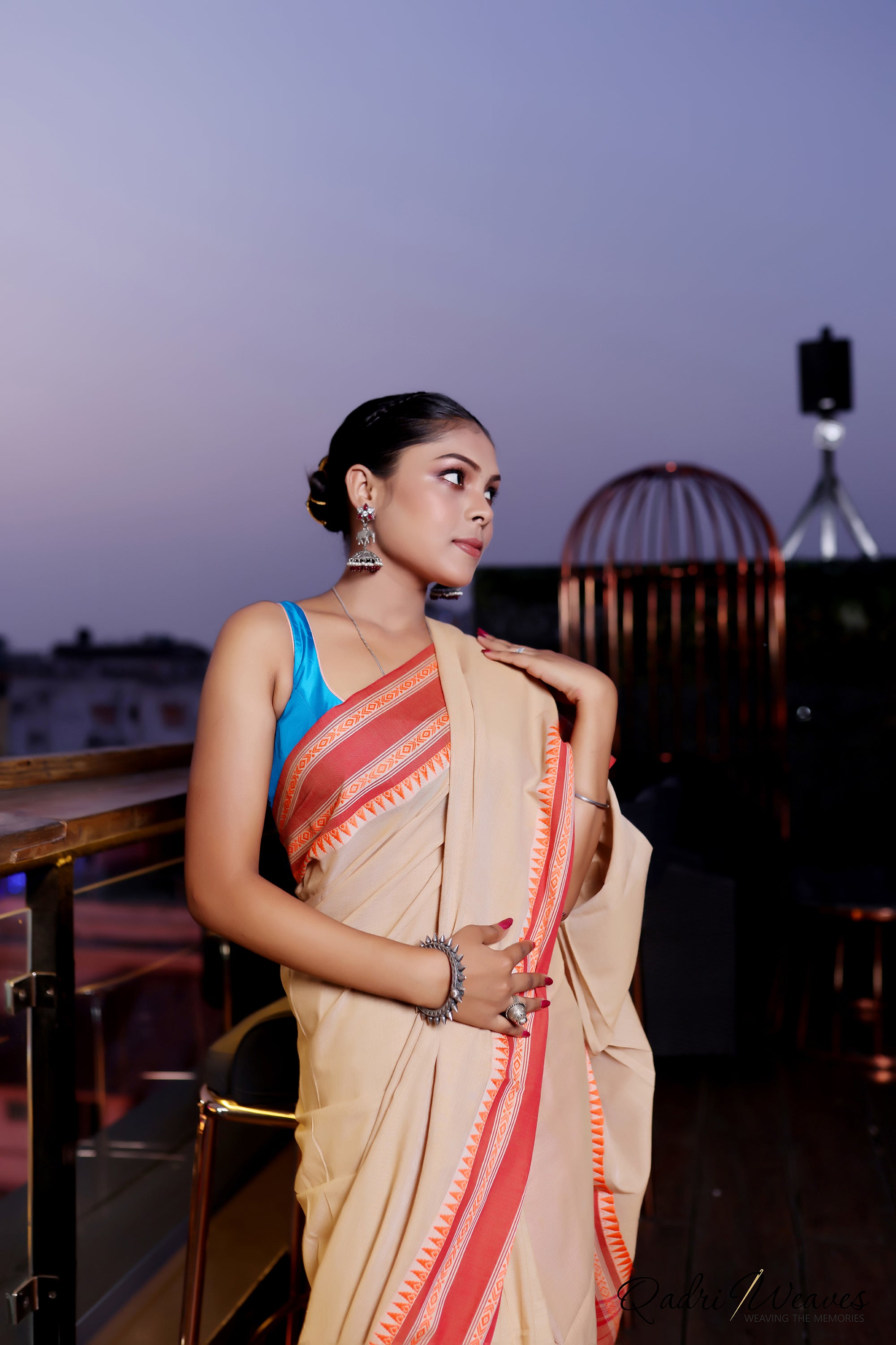 Handloom Sand Brown with Striped Pallu and Elegant Temple Border Saree