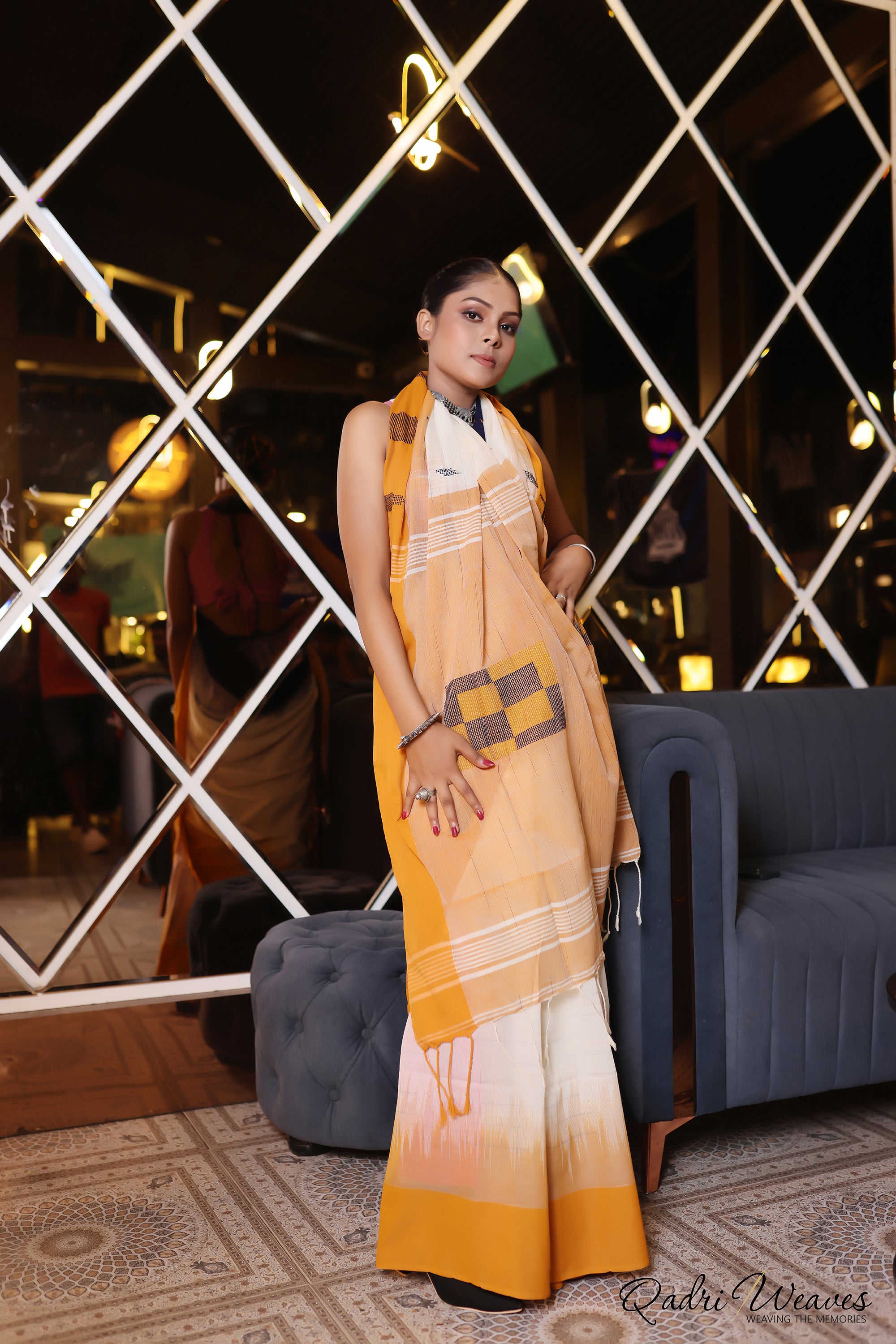 Handloom Cream and Orange Premium Cotton Box Design IKat Saree